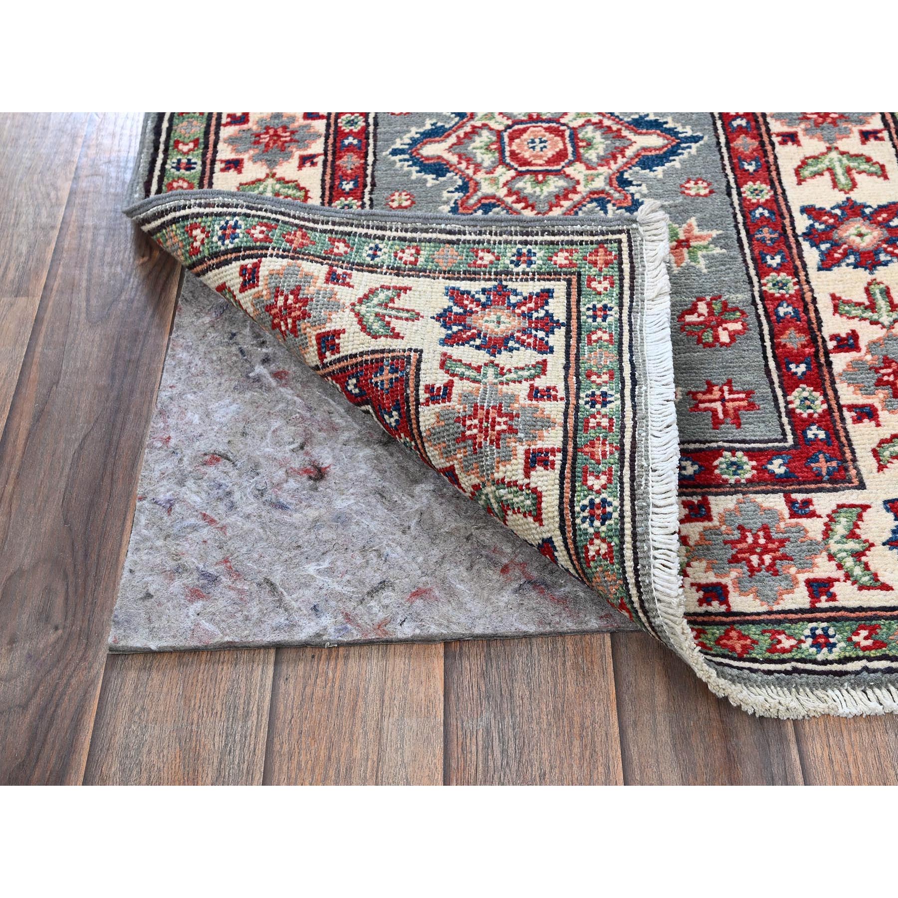 2'2"x6' Misty Gray, Kazak with Tribal Medallions Design, Soft and Velvety Wool, Hand Knotted, Denser Weave, Vegetable Dyes, Narrow Runner, Oriental Rug Sh498