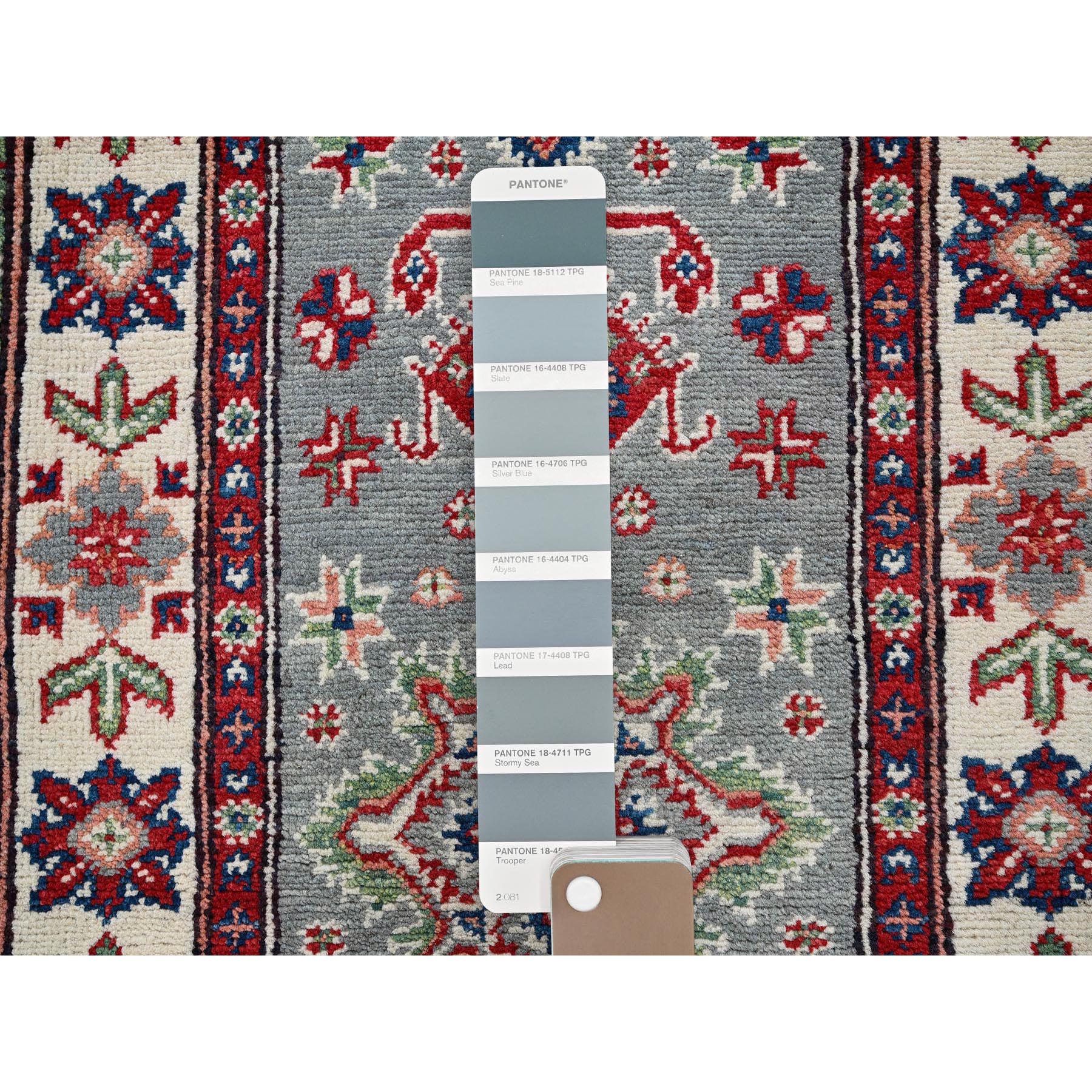 2'2"x6' Misty Gray, Kazak with Tribal Medallions Design, Soft and Velvety Wool, Hand Knotted, Denser Weave, Vegetable Dyes, Narrow Runner, Oriental Rug Sh498