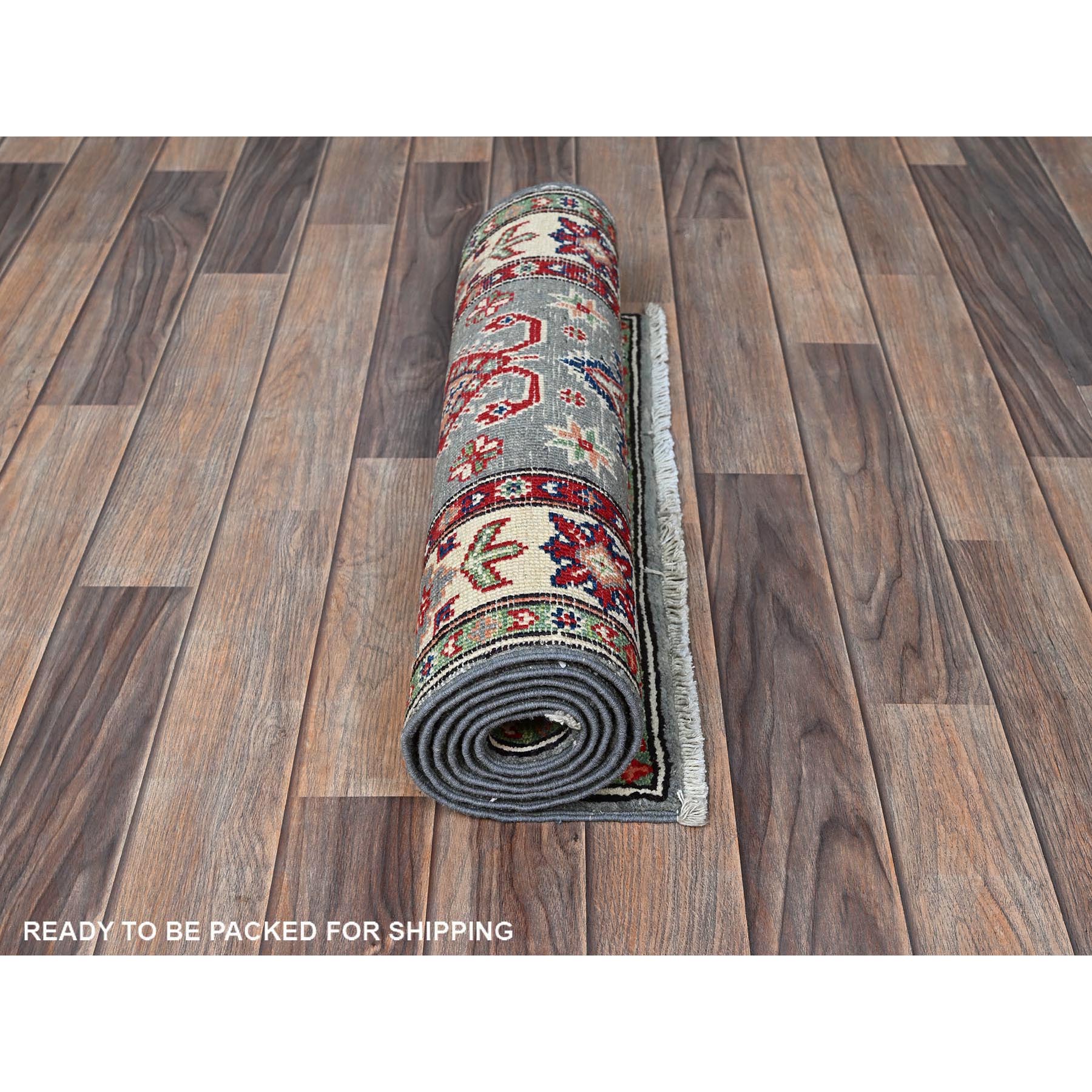2'2"x6' Misty Gray, Kazak with Tribal Medallions Design, Soft and Velvety Wool, Hand Knotted, Denser Weave, Vegetable Dyes, Narrow Runner, Oriental Rug Sh498