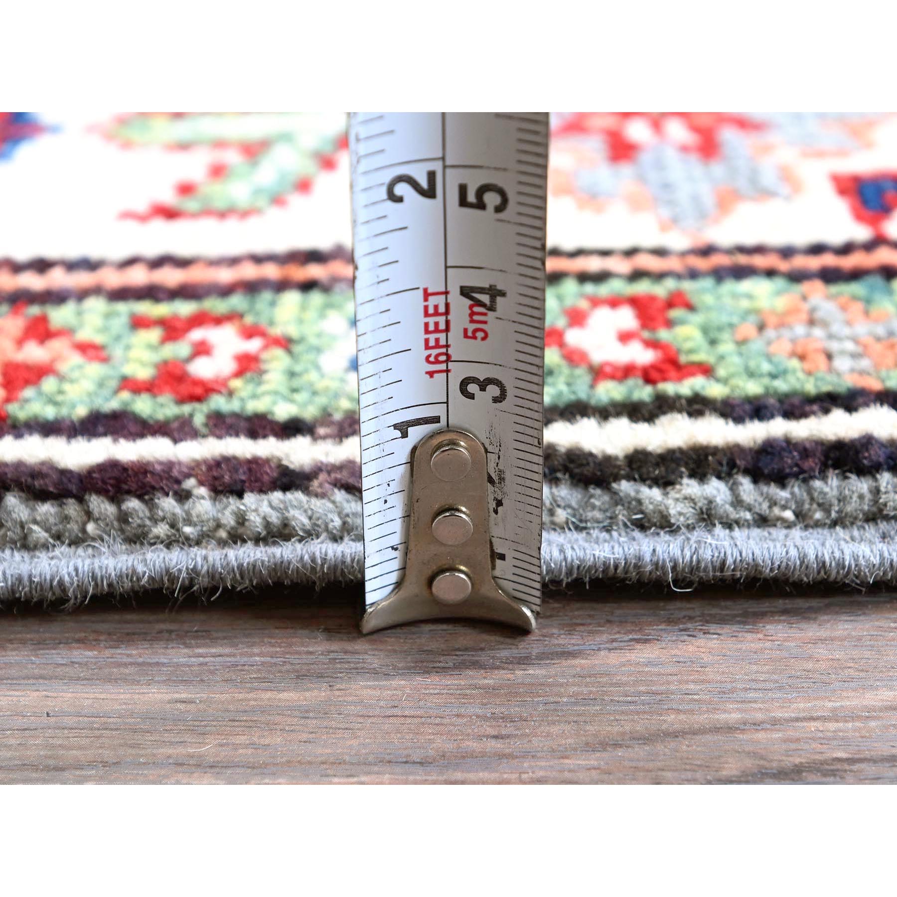 2'2"x6' Misty Gray, Kazak with Tribal Medallions Design, Soft and Velvety Wool, Hand Knotted, Denser Weave, Vegetable Dyes, Narrow Runner, Oriental Rug Sh498