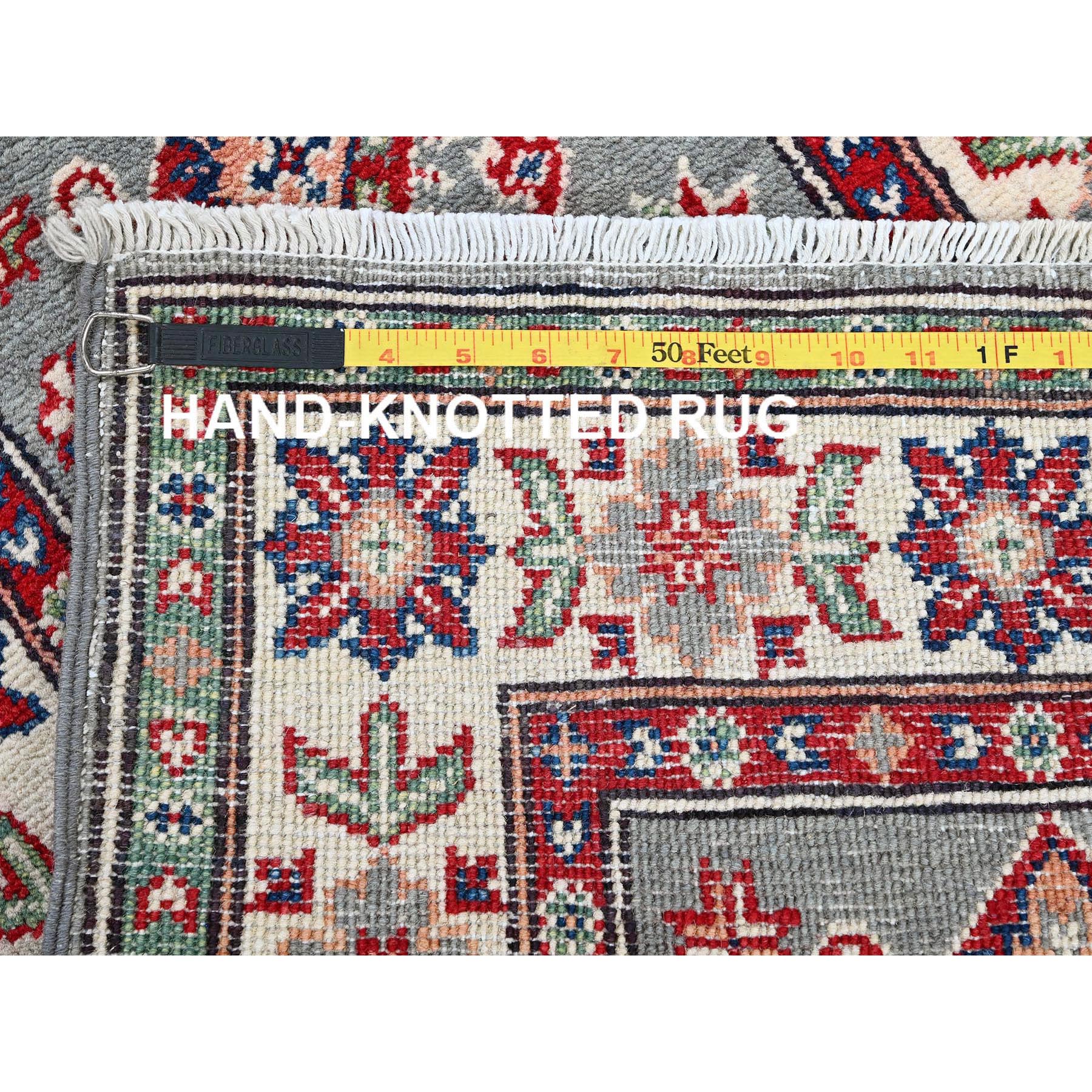 2'2"x6' Misty Gray, Kazak with Tribal Medallions Design, Soft and Velvety Wool, Hand Knotted, Denser Weave, Vegetable Dyes, Narrow Runner, Oriental Rug Sh498