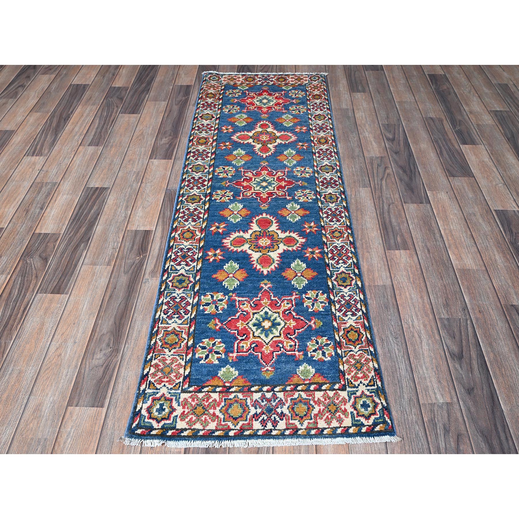 2'x5'9" Imperial Blue, Kazak with Tribal Medallions Design, Hand Knotted, Soft and Velvety Wool, Denser Weave, Vegetable Dyes, Narrow Runner, Oriental Rug Sh499