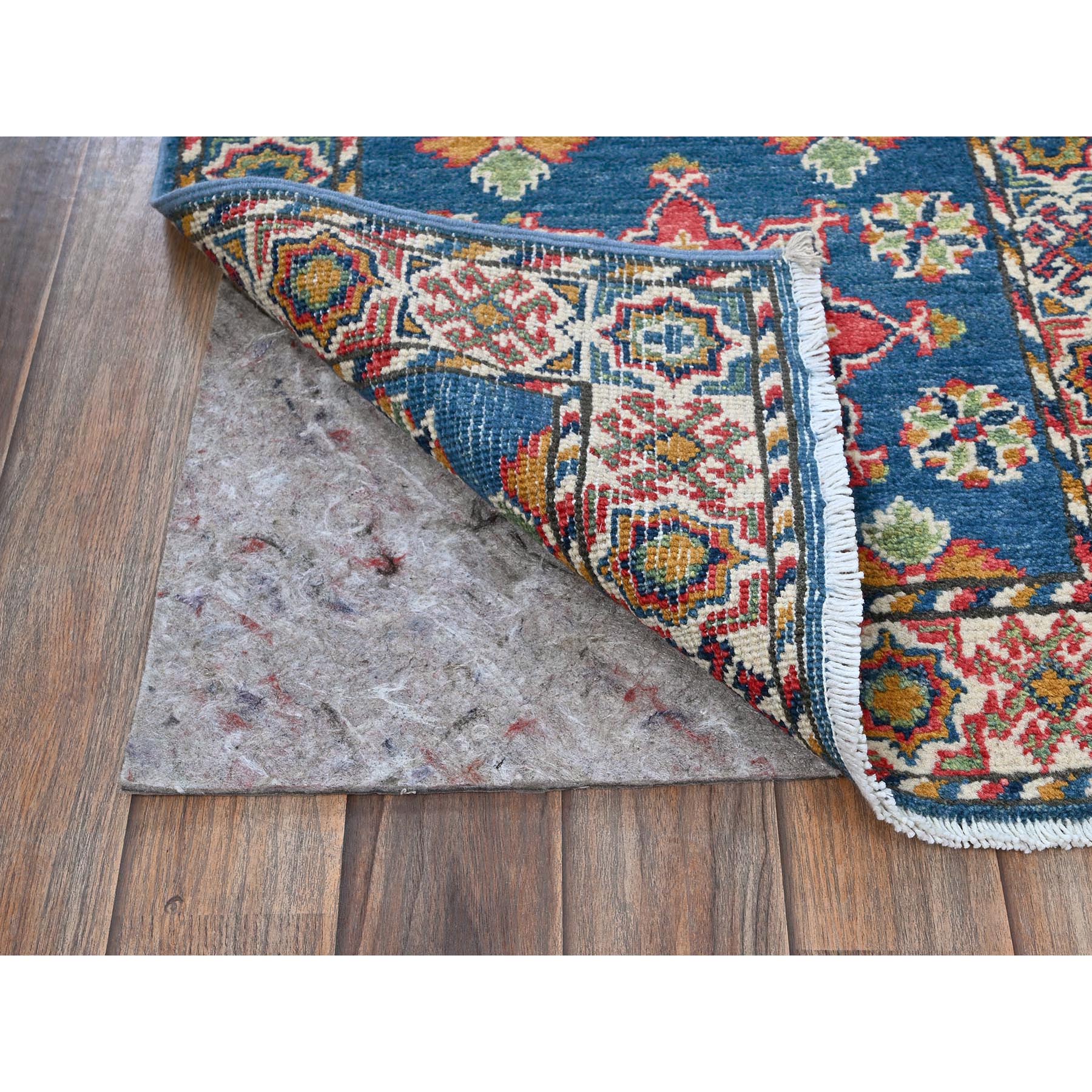 2'x5'9" Imperial Blue, Kazak with Tribal Medallions Design, Hand Knotted, Soft and Velvety Wool, Denser Weave, Vegetable Dyes, Narrow Runner, Oriental Rug Sh499