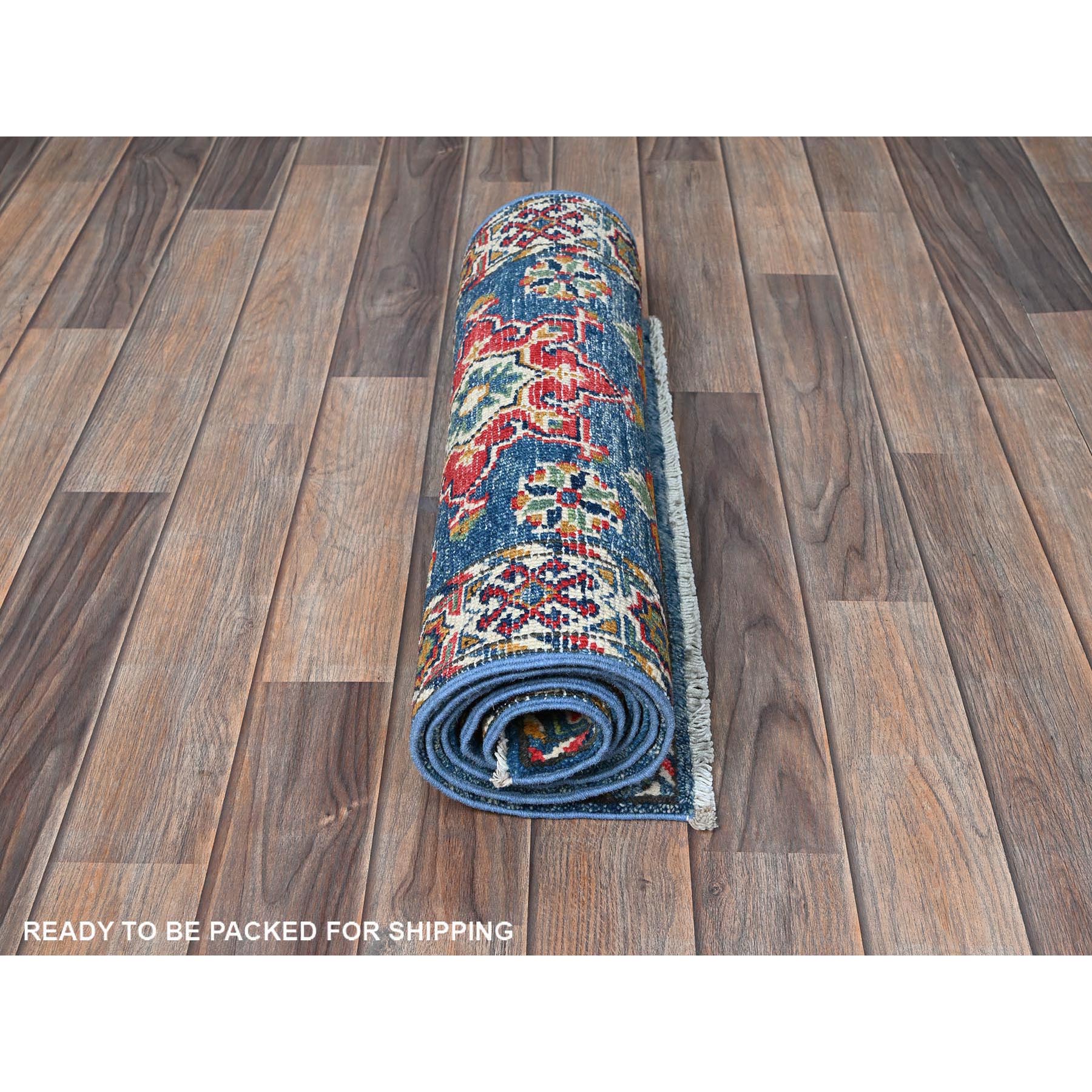 2'x5'9" Imperial Blue, Kazak with Tribal Medallions Design, Hand Knotted, Soft and Velvety Wool, Denser Weave, Vegetable Dyes, Narrow Runner, Oriental Rug Sh499