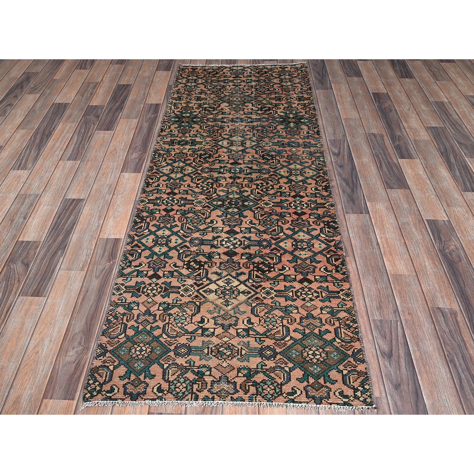 2'6"x6'8" Peach Color, Vintage Persian Hussaianabad with All Over Design, Hand Knotted, 100% Wool, Distressed, Sheared Low, Zero Pile, Sides and Ends Professionally Secured, Fragment, Runner, Oriental Rug Sh1000