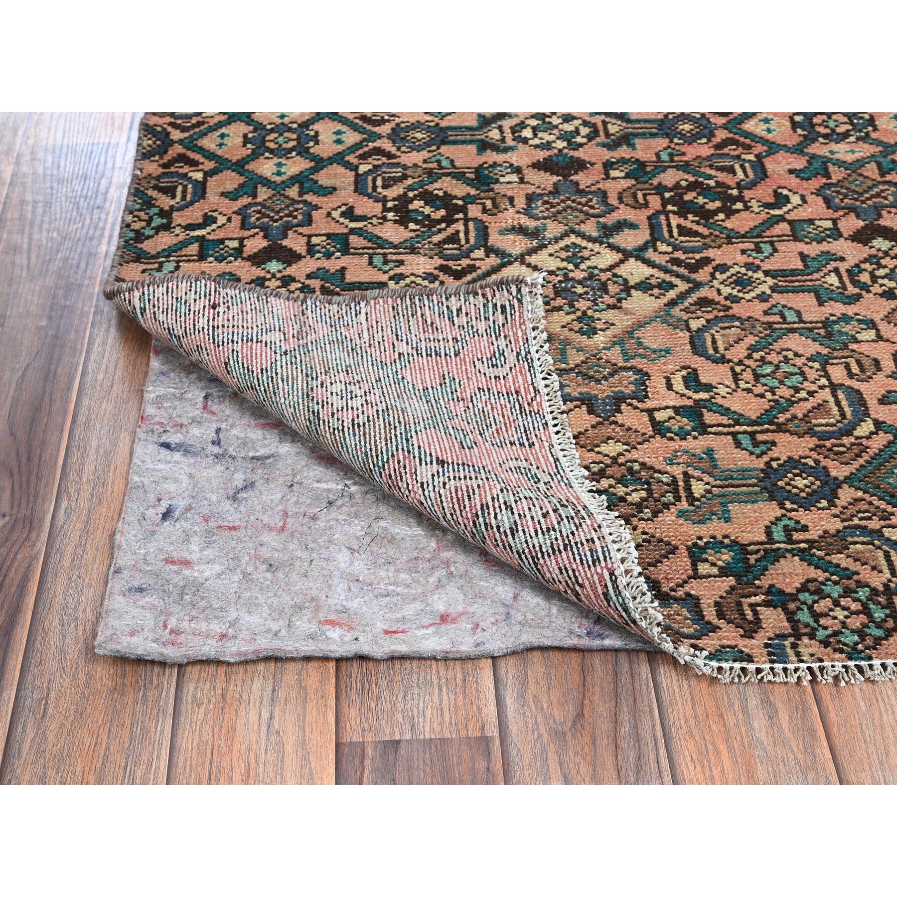 2'6"x6'8" Peach Color, Vintage Persian Hussaianabad with All Over Design, Hand Knotted, 100% Wool, Distressed, Sheared Low, Zero Pile, Sides and Ends Professionally Secured, Fragment, Runner, Oriental Rug Sh1000