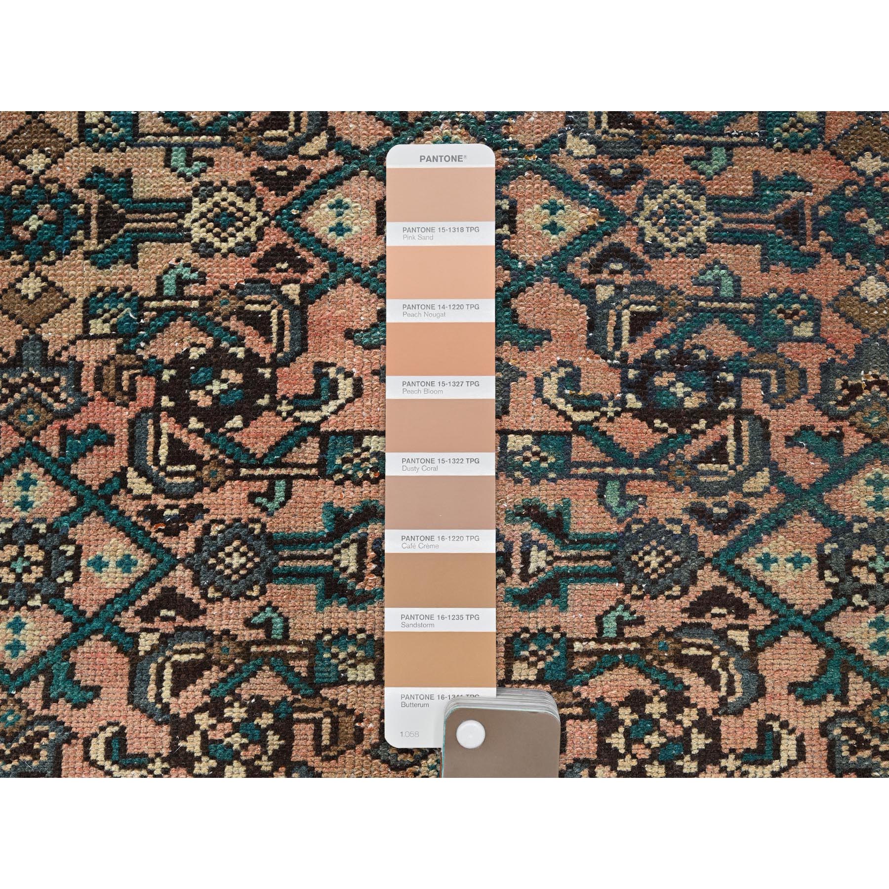 2'6"x6'8" Peach Color, Vintage Persian Hussaianabad with All Over Design, Hand Knotted, 100% Wool, Distressed, Sheared Low, Zero Pile, Sides and Ends Professionally Secured, Fragment, Runner, Oriental Rug Sh1000