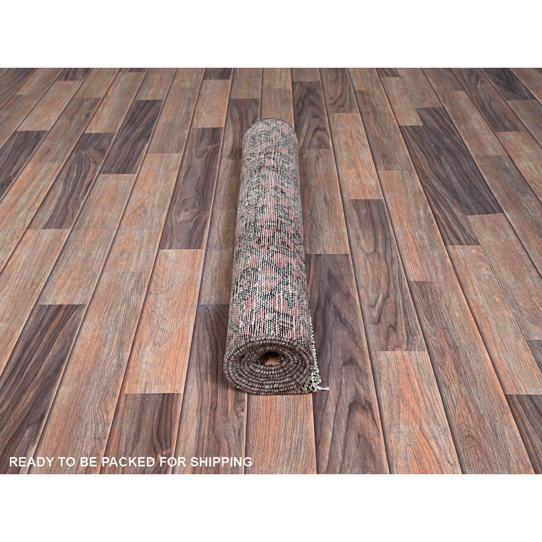 2'6"x6'8" Peach Color, Vintage Persian Hussaianabad with All Over Design, Hand Knotted, 100% Wool, Distressed, Sheared Low, Zero Pile, Sides and Ends Professionally Secured, Fragment, Runner, Oriental Rug Sh1000