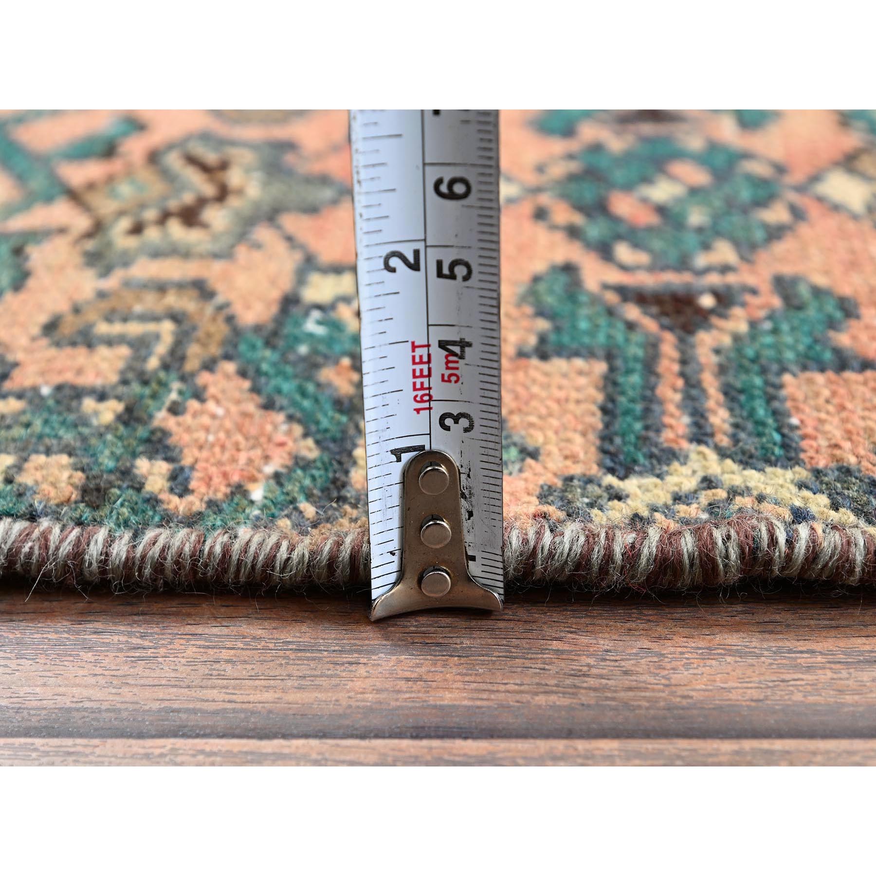 2'6"x6'8" Peach Color, Vintage Persian Hussaianabad with All Over Design, Hand Knotted, 100% Wool, Distressed, Sheared Low, Zero Pile, Sides and Ends Professionally Secured, Fragment, Runner, Oriental Rug Sh1000