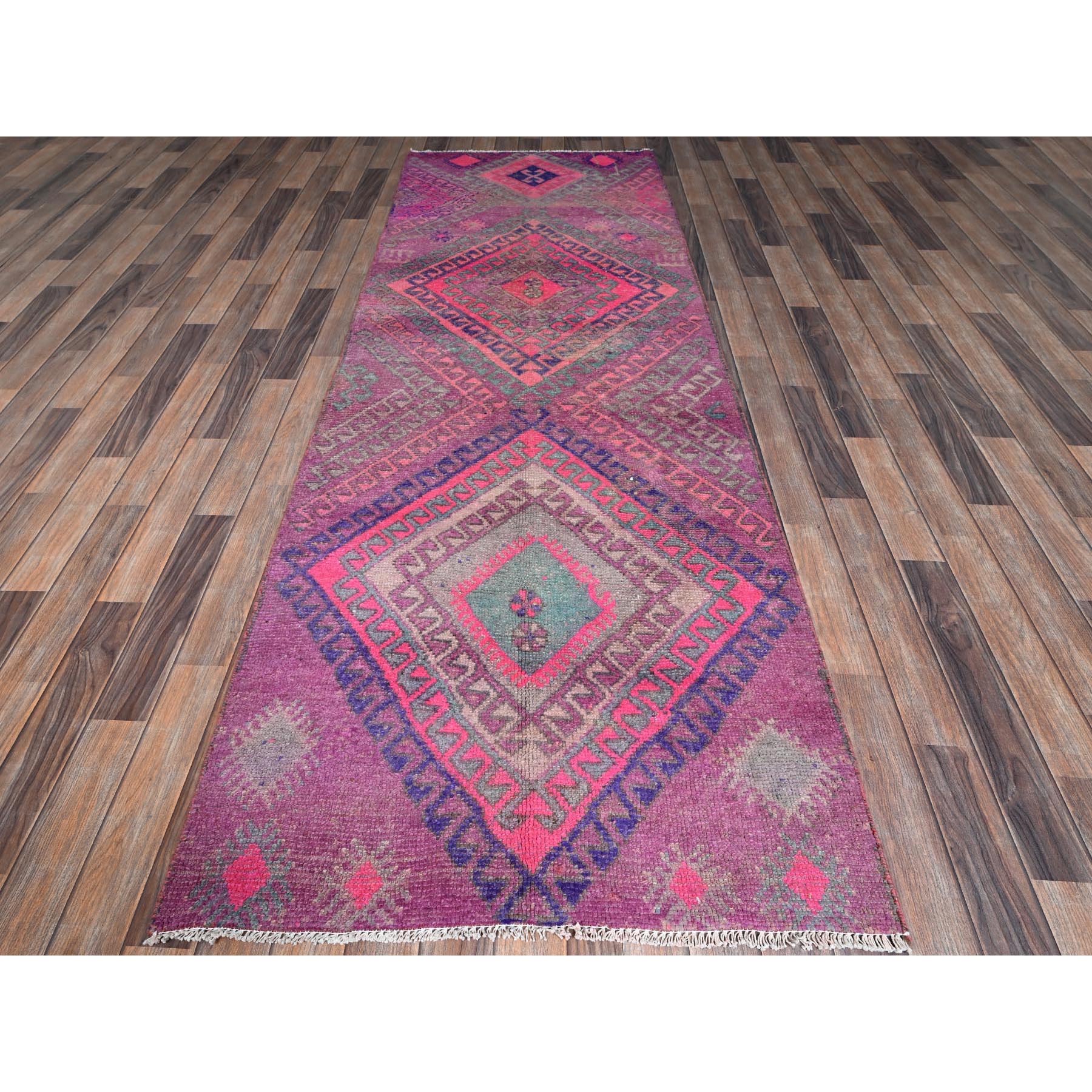 3'3"x9'7" Prism Pink, Overdyed Vintage Persian Shiraz with Geometric Pattern, Hand Knotted, 100% Wool, Distressed, Shaved Down, Zero Pile, Sides and Ends Professionally Secured, Runner, Oriental Rug Sh1005