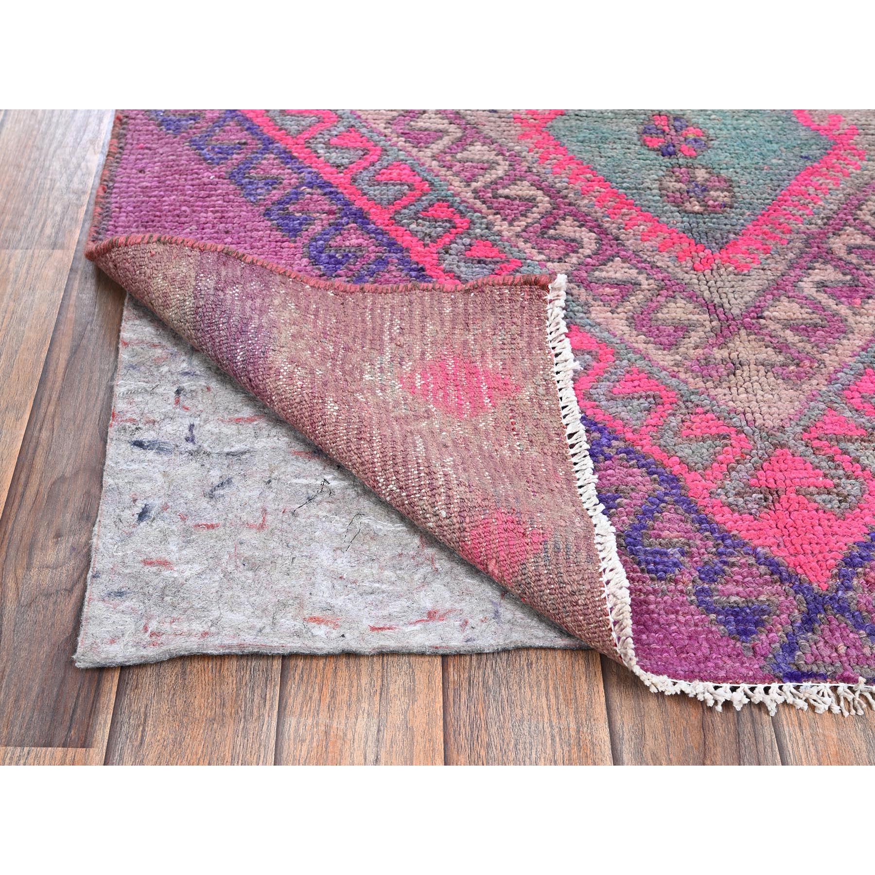 3'3"x9'7" Prism Pink, Overdyed Vintage Persian Shiraz with Geometric Pattern, Hand Knotted, 100% Wool, Distressed, Shaved Down, Zero Pile, Sides and Ends Professionally Secured, Runner, Oriental Rug Sh1005