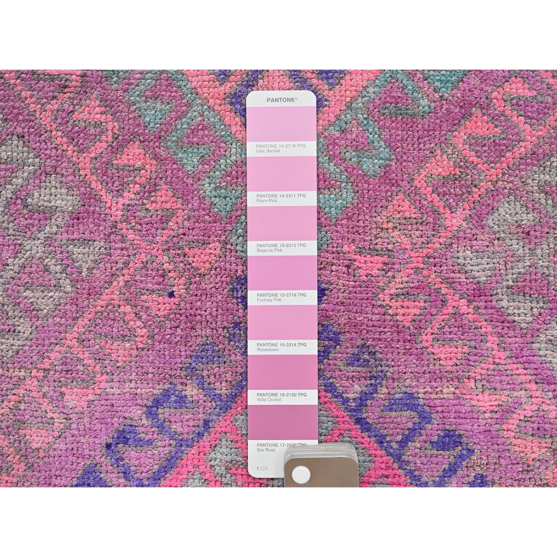 3'3"x9'7" Prism Pink, Overdyed Vintage Persian Shiraz with Geometric Pattern, Hand Knotted, 100% Wool, Distressed, Shaved Down, Zero Pile, Sides and Ends Professionally Secured, Runner, Oriental Rug Sh1005