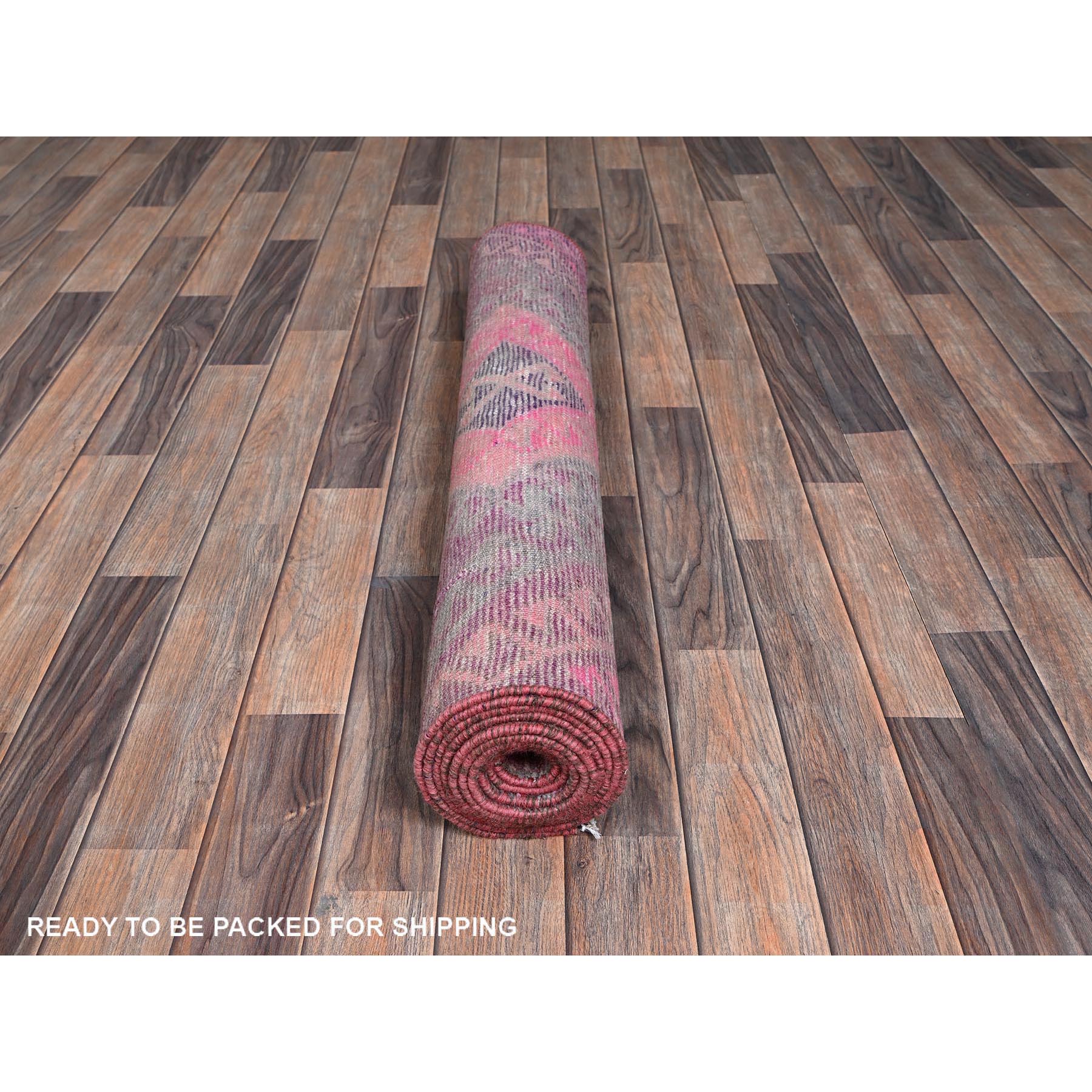 3'3"x9'7" Prism Pink, Overdyed Vintage Persian Shiraz with Geometric Pattern, Hand Knotted, 100% Wool, Distressed, Shaved Down, Zero Pile, Sides and Ends Professionally Secured, Runner, Oriental Rug Sh1005