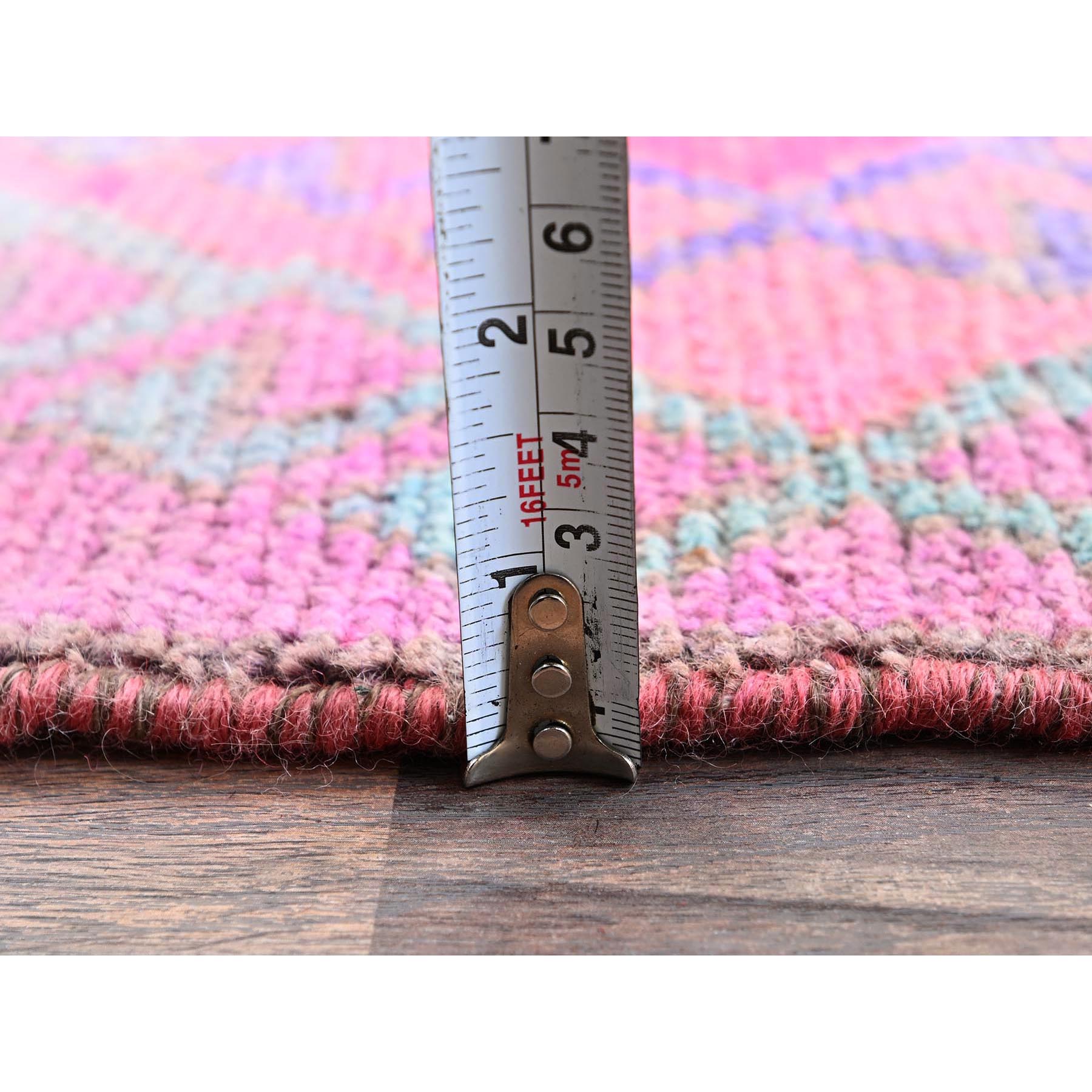 3'3"x9'7" Prism Pink, Overdyed Vintage Persian Shiraz with Geometric Pattern, Hand Knotted, 100% Wool, Distressed, Shaved Down, Zero Pile, Sides and Ends Professionally Secured, Runner, Oriental Rug Sh1005