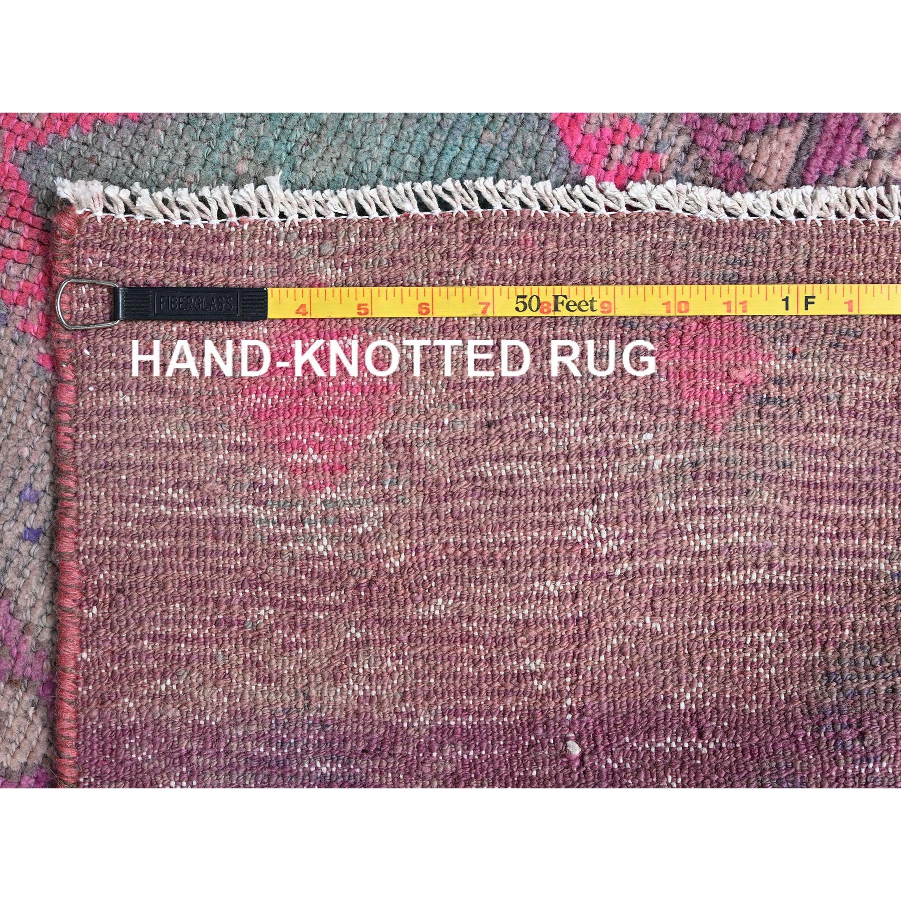 3'3"x9'7" Prism Pink, Overdyed Vintage Persian Shiraz with Geometric Pattern, Hand Knotted, 100% Wool, Distressed, Shaved Down, Zero Pile, Sides and Ends Professionally Secured, Runner, Oriental Rug Sh1005