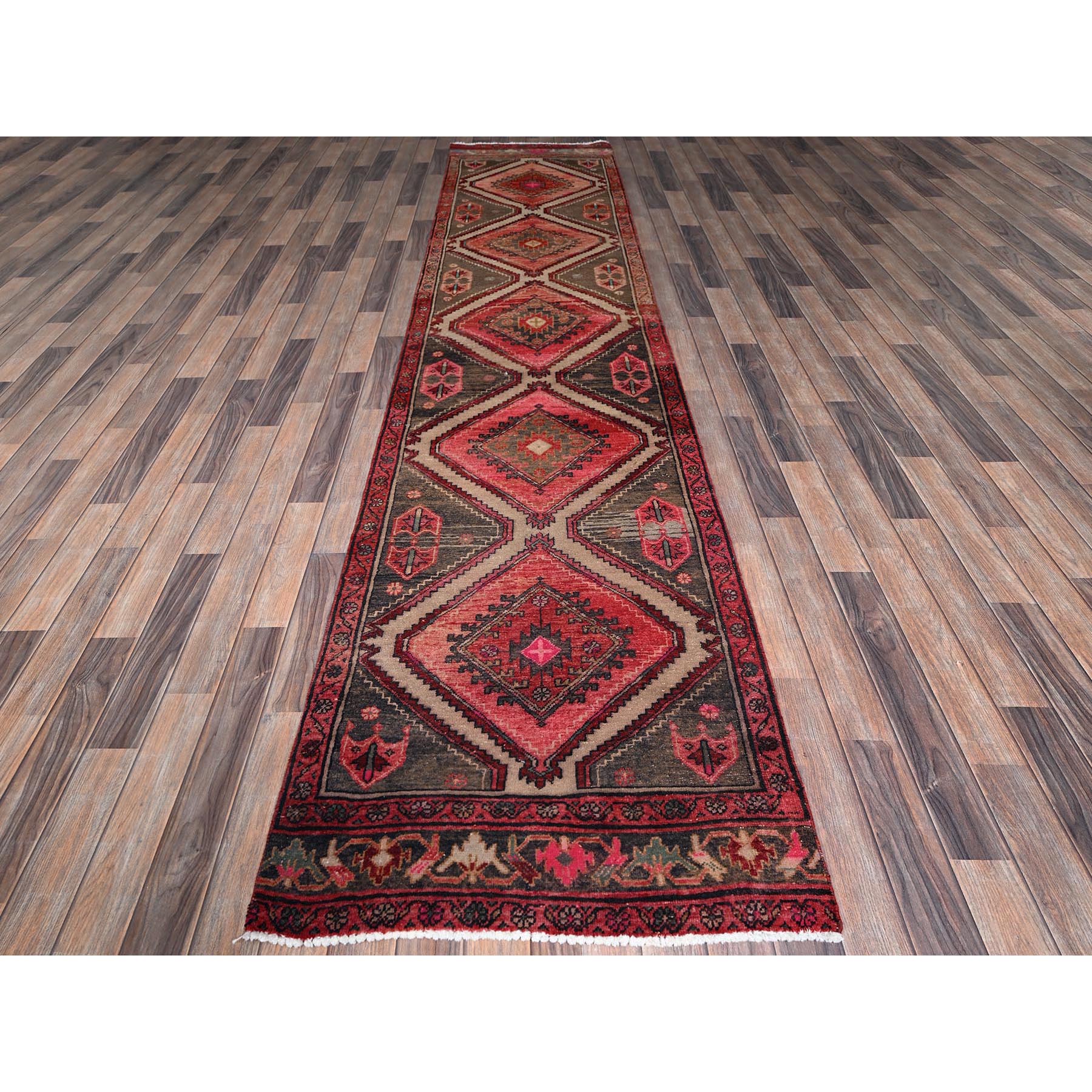 2'9"x12'4" Beaver Brown, Vintage Northwest Persian with Geometric Pattern, Distinct Abrash, Hand Knotted, 100% Wool, Cropped Thin, Zero Pile, Sides and Ends Professionally Secured, Runner, Oriental Rug Sh1006