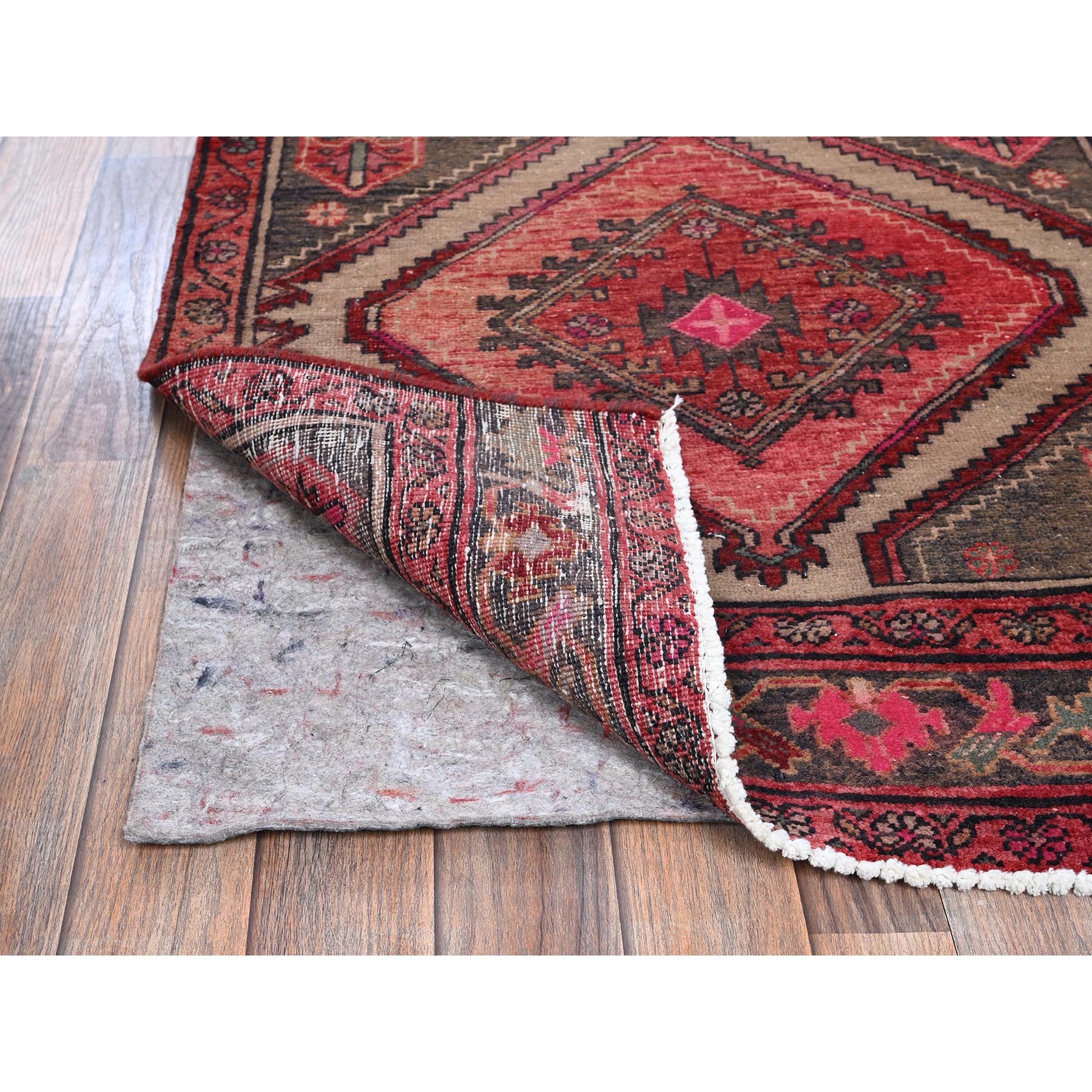 2'9"x12'4" Beaver Brown, Vintage Northwest Persian with Geometric Pattern, Distinct Abrash, Hand Knotted, 100% Wool, Cropped Thin, Zero Pile, Sides and Ends Professionally Secured, Runner, Oriental Rug Sh1006