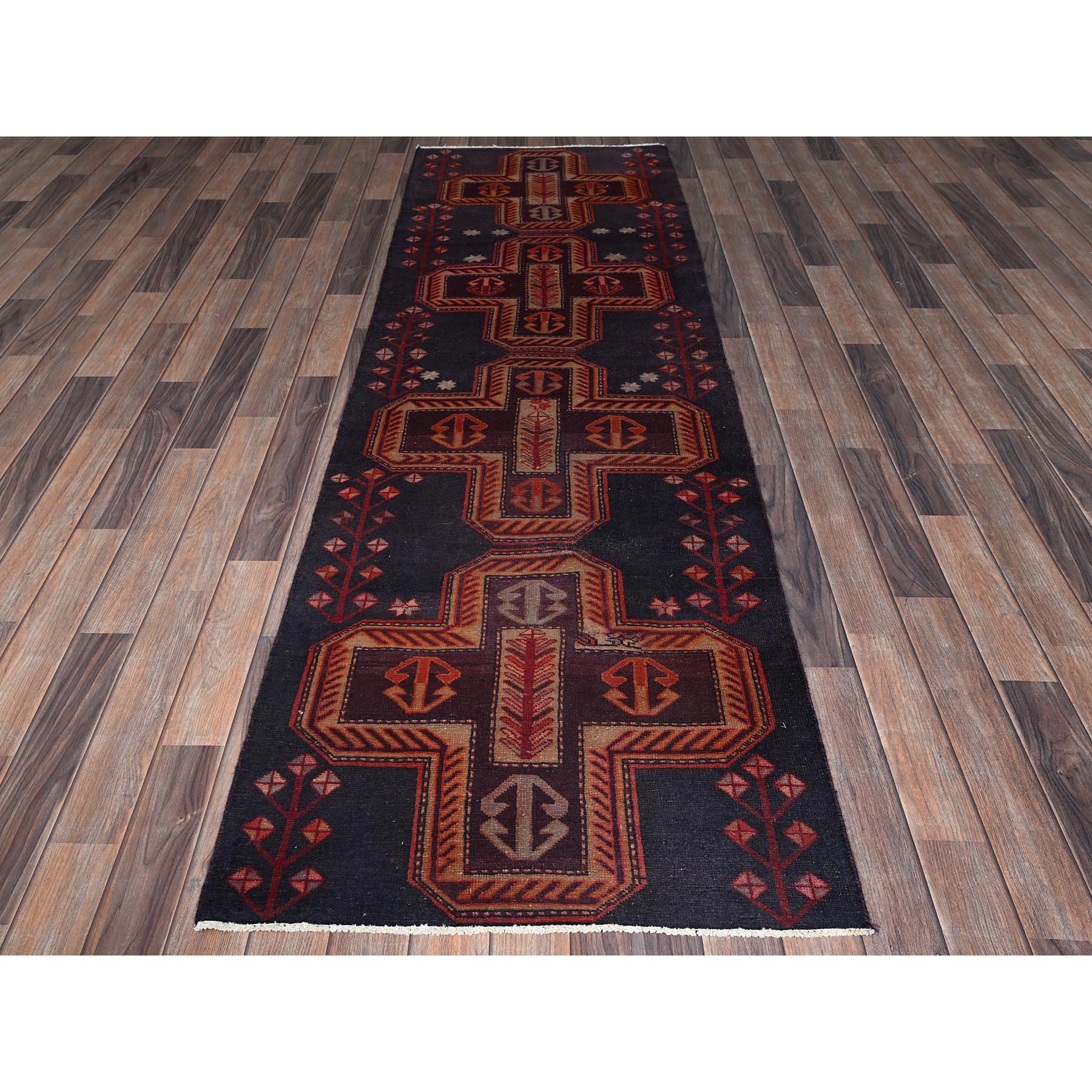 2'8"x8'8" Charcoal Black, Vintage Northwest Persian with Geometric Pattern, Worn Down, Sheared Low, Zero Pile, Sides and Ends Professionally Secured, Hand Knotted, 100% Wool, Runner, Oriental Rug Sh1009