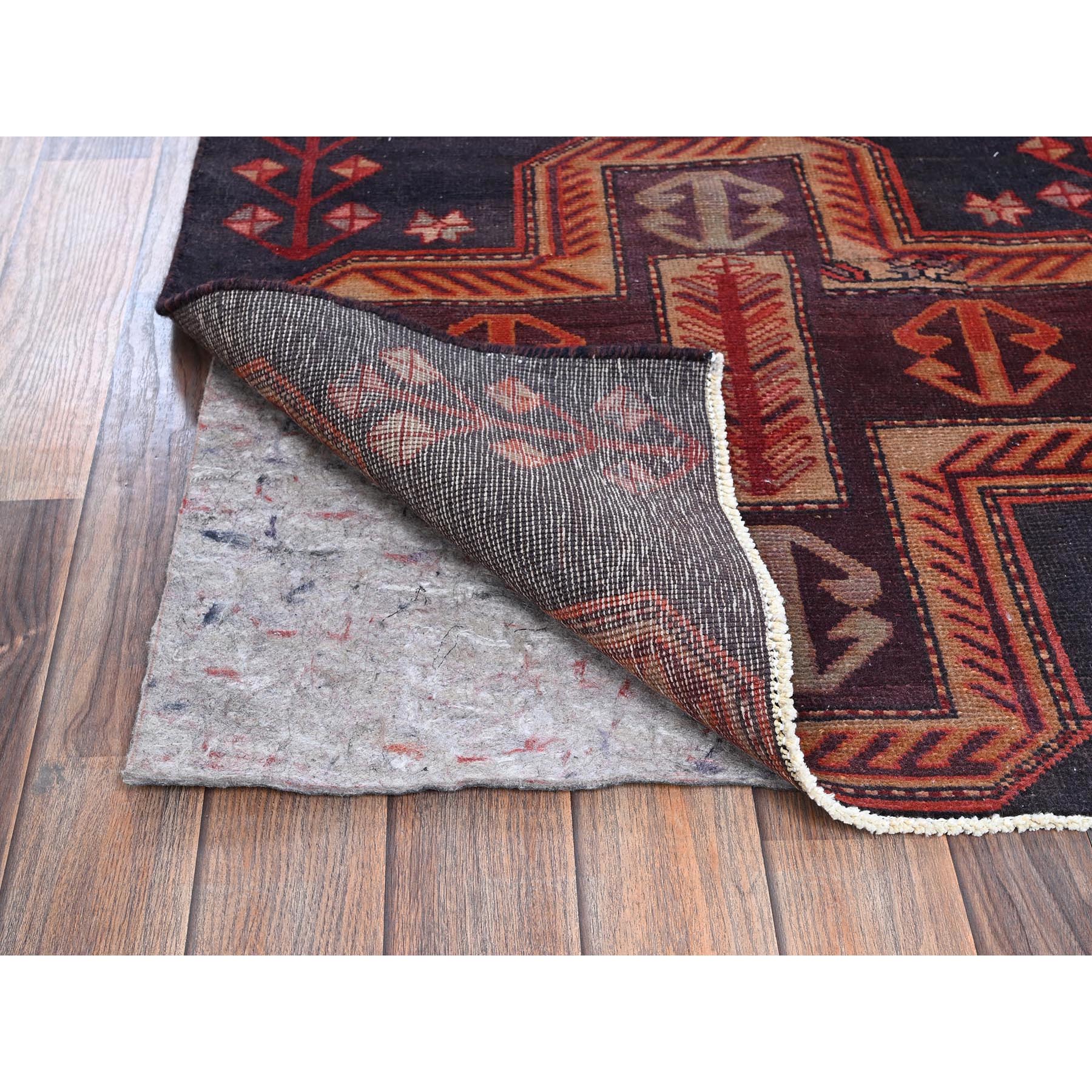 2'8"x8'8" Charcoal Black, Vintage Northwest Persian with Geometric Pattern, Worn Down, Sheared Low, Zero Pile, Sides and Ends Professionally Secured, Hand Knotted, 100% Wool, Runner, Oriental Rug Sh1009