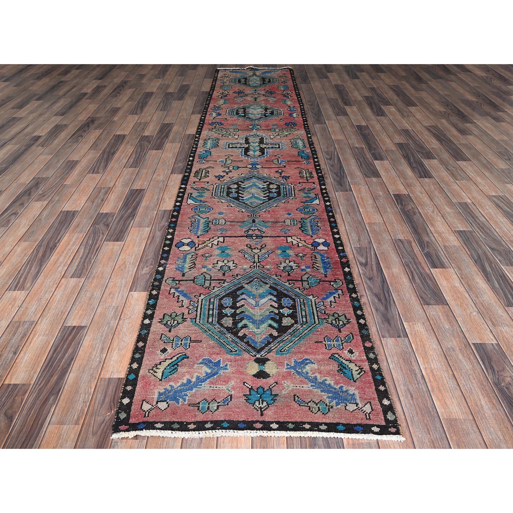 2'7"x12'7" Blush Red, Vintage Overdyed Northwest Persian with Geometric Medallions, Shaved Down, Zero Pile, Sides and Ends Professionally Secured, Hand Knotted, 100% Wool, Runner, Oriental Rug Sh1010