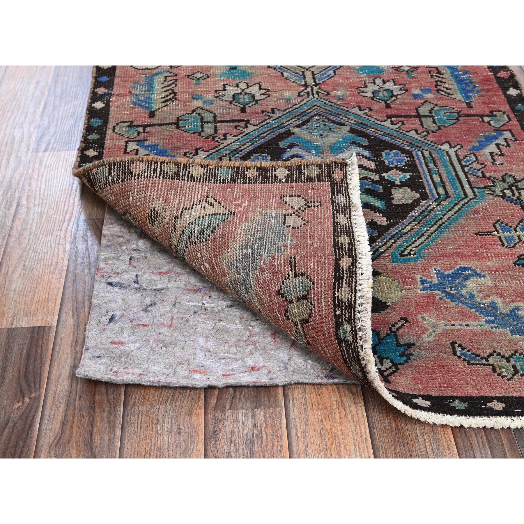 2'7"x12'7" Blush Red, Vintage Overdyed Northwest Persian with Geometric Medallions, Shaved Down, Zero Pile, Sides and Ends Professionally Secured, Hand Knotted, 100% Wool, Runner, Oriental Rug Sh1010