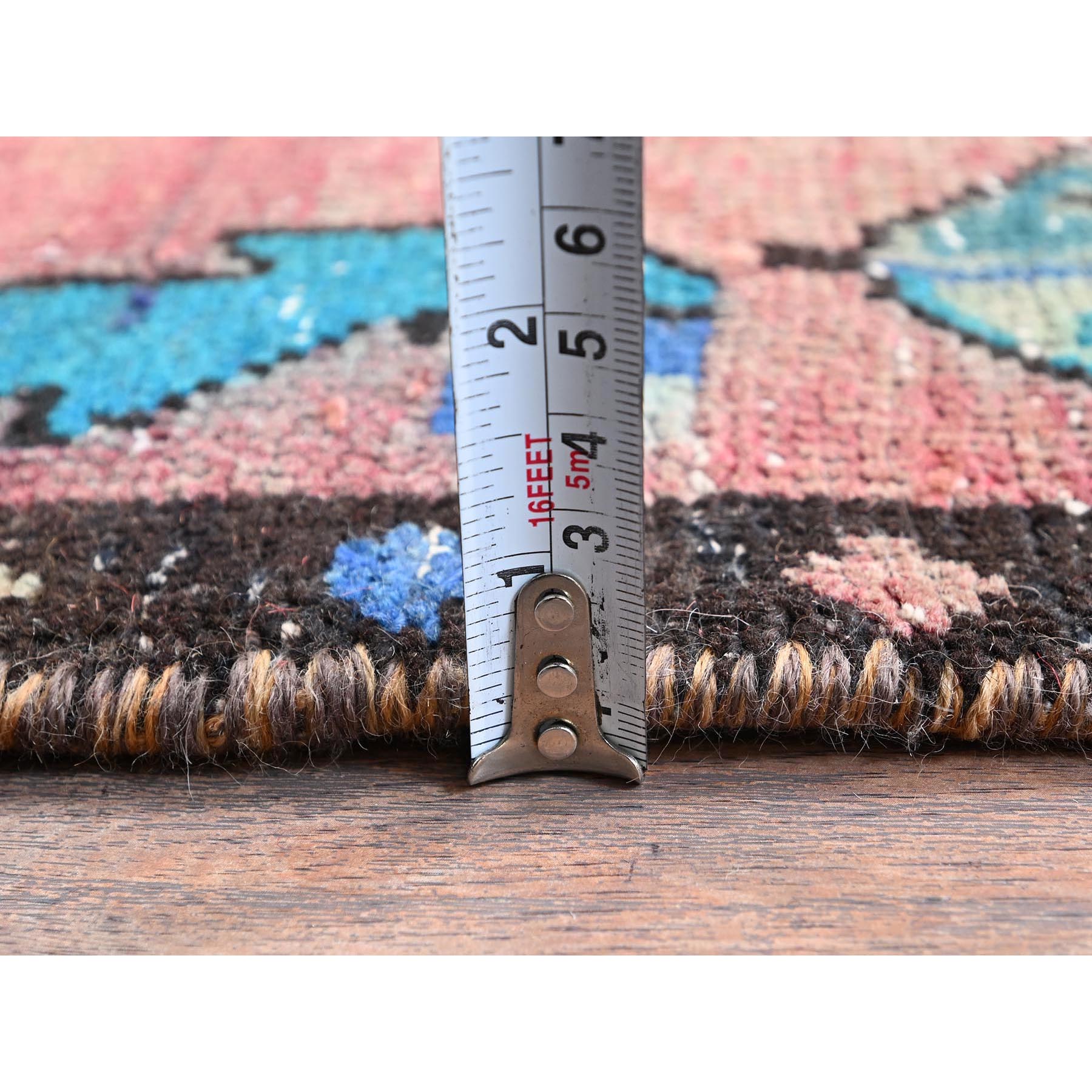 2'7"x12'7" Blush Red, Vintage Overdyed Northwest Persian with Geometric Medallions, Shaved Down, Zero Pile, Sides and Ends Professionally Secured, Hand Knotted, 100% Wool, Runner, Oriental Rug Sh1010