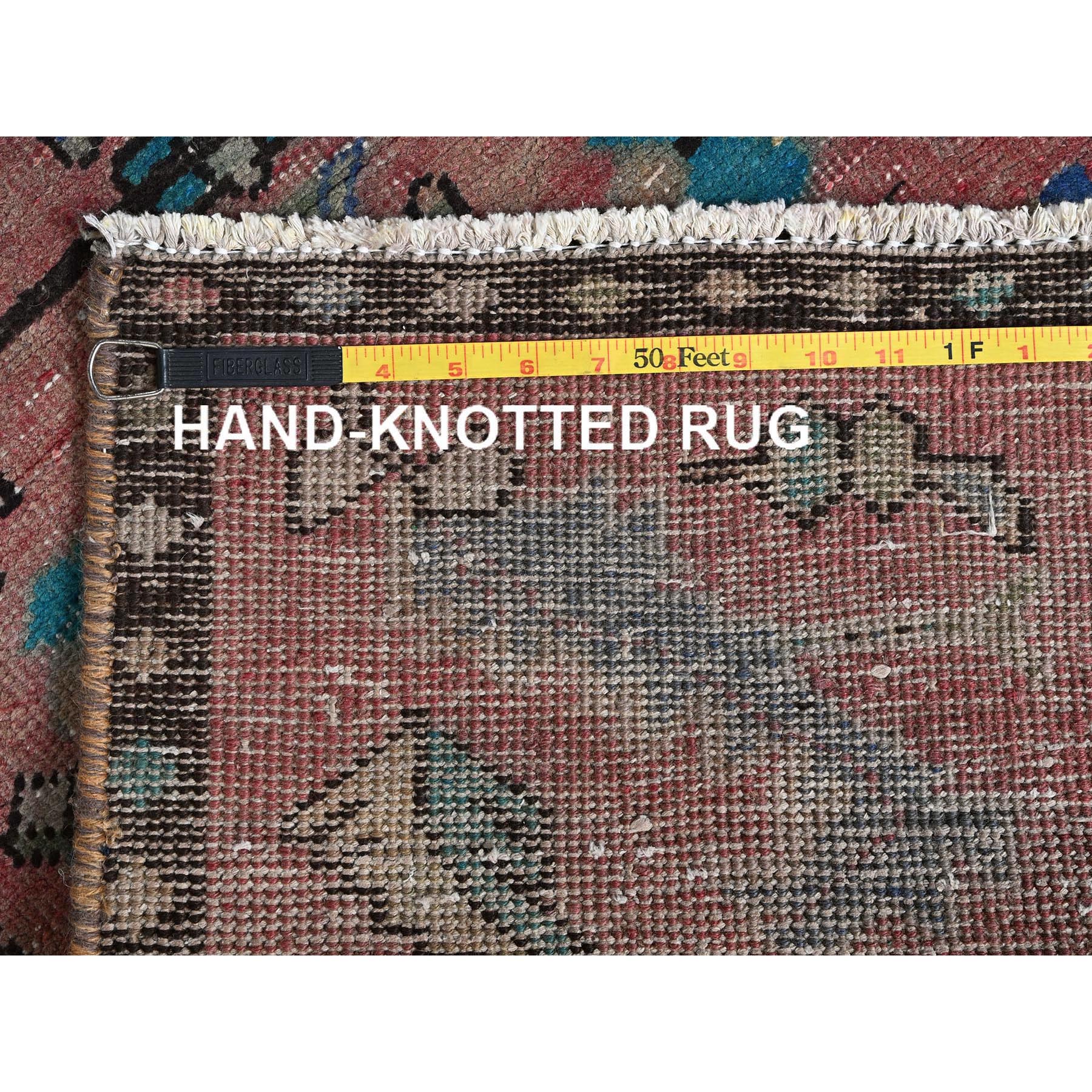 2'7"x12'7" Blush Red, Vintage Overdyed Northwest Persian with Geometric Medallions, Shaved Down, Zero Pile, Sides and Ends Professionally Secured, Hand Knotted, 100% Wool, Runner, Oriental Rug Sh1010