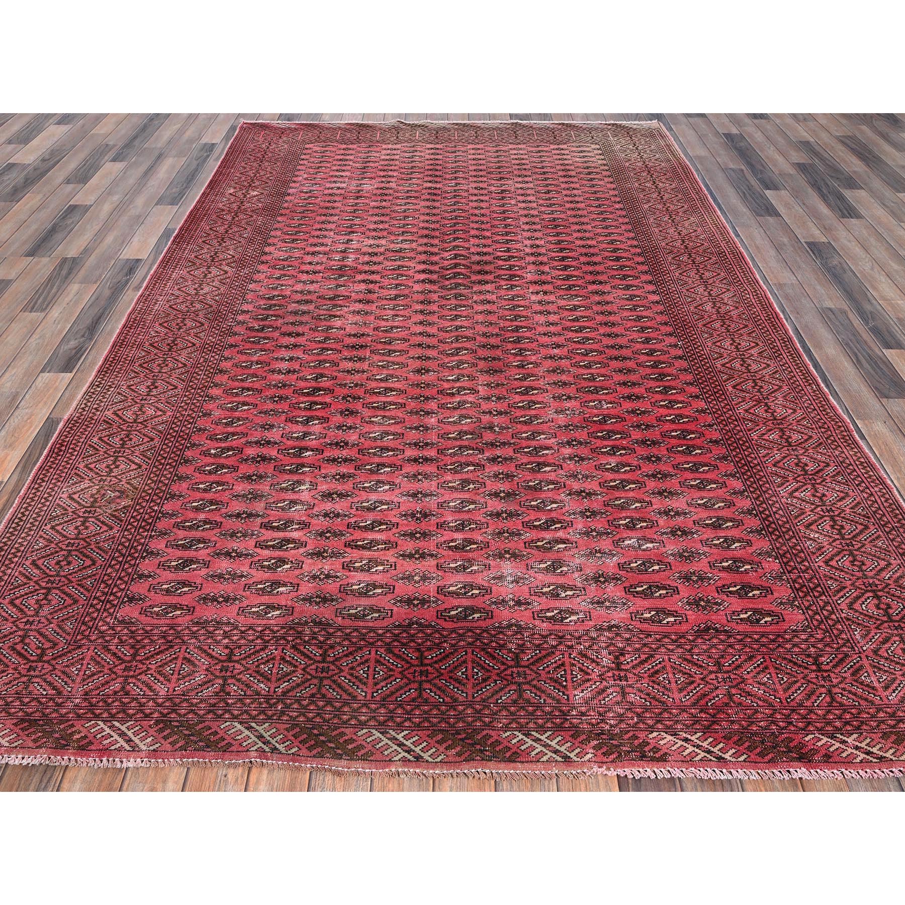 6'4"x9'3" Blush Red, Overdyed Vintage Turkoman with Intricate Repetitive Gul Motif Pattern, Worn Down, Sheared Low, Zero Pile, Sides and Ends Professionally Secured, Hand Knotted, 100% Wool, Oriental Rug Sh1011