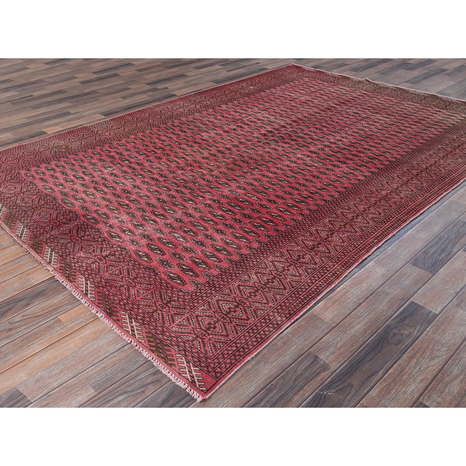 6'4"x9'3" Blush Red, Overdyed Vintage Turkoman with Intricate Repetitive Gul Motif Pattern, Worn Down, Sheared Low, Zero Pile, Sides and Ends Professionally Secured, Hand Knotted, 100% Wool, Oriental Rug Sh1011