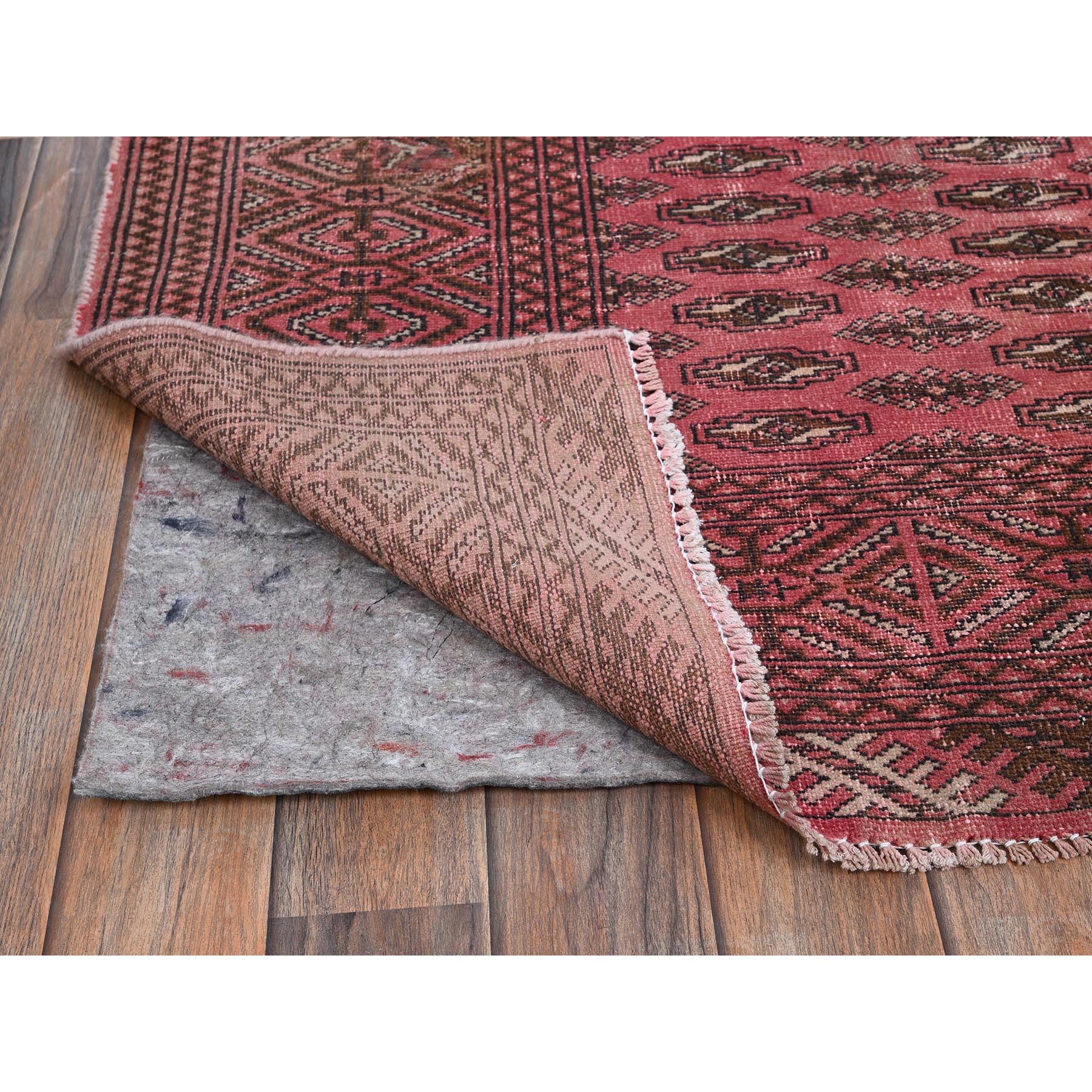 6'4"x9'3" Blush Red, Overdyed Vintage Turkoman with Intricate Repetitive Gul Motif Pattern, Worn Down, Sheared Low, Zero Pile, Sides and Ends Professionally Secured, Hand Knotted, 100% Wool, Oriental Rug Sh1011