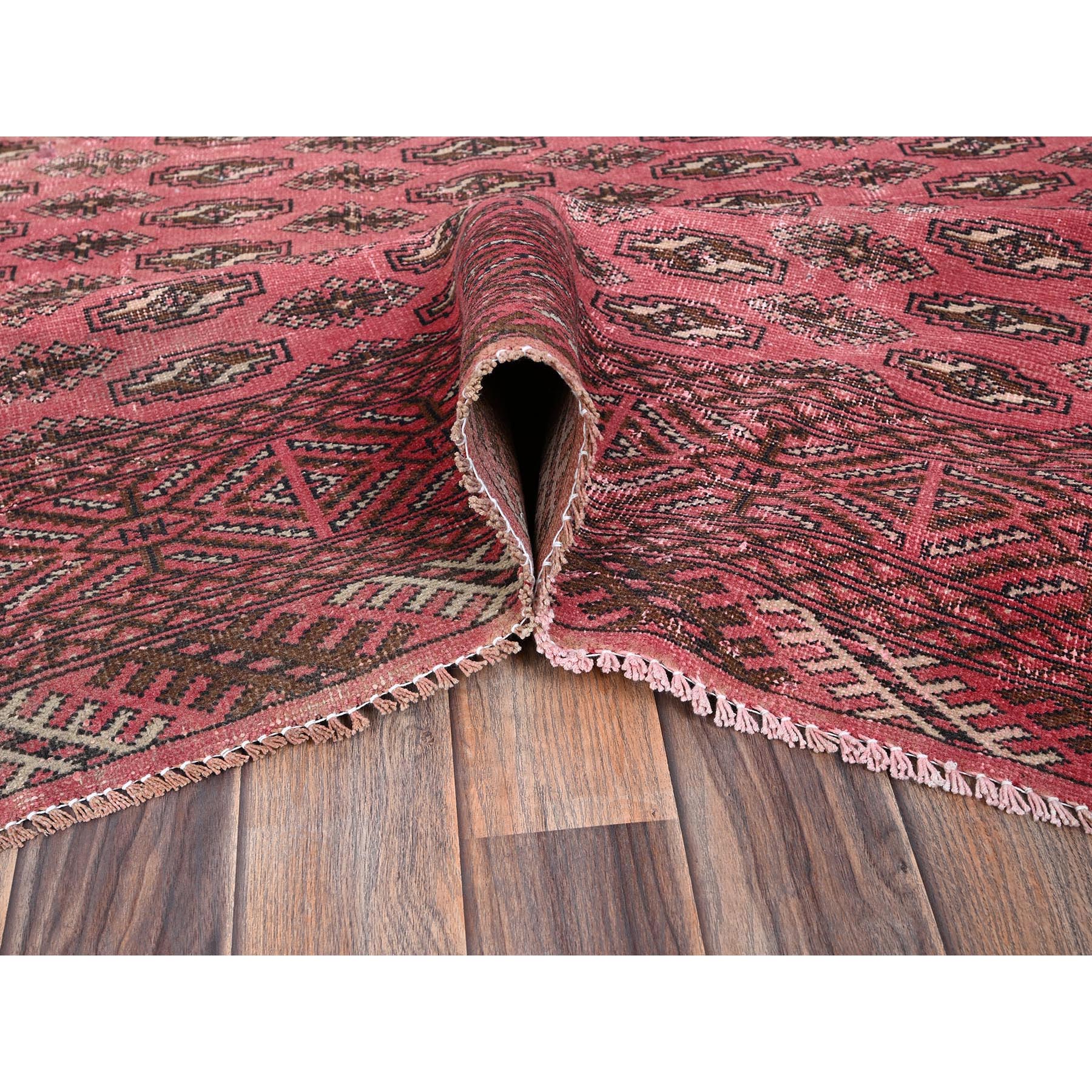 6'4"x9'3" Blush Red, Overdyed Vintage Turkoman with Intricate Repetitive Gul Motif Pattern, Worn Down, Sheared Low, Zero Pile, Sides and Ends Professionally Secured, Hand Knotted, 100% Wool, Oriental Rug Sh1011
