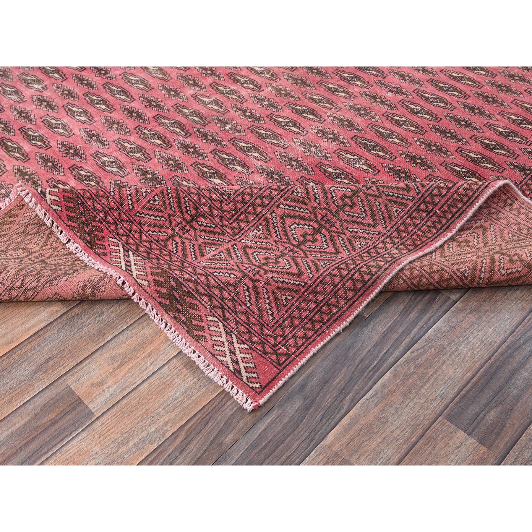 6'4"x9'3" Blush Red, Overdyed Vintage Turkoman with Intricate Repetitive Gul Motif Pattern, Worn Down, Sheared Low, Zero Pile, Sides and Ends Professionally Secured, Hand Knotted, 100% Wool, Oriental Rug Sh1011
