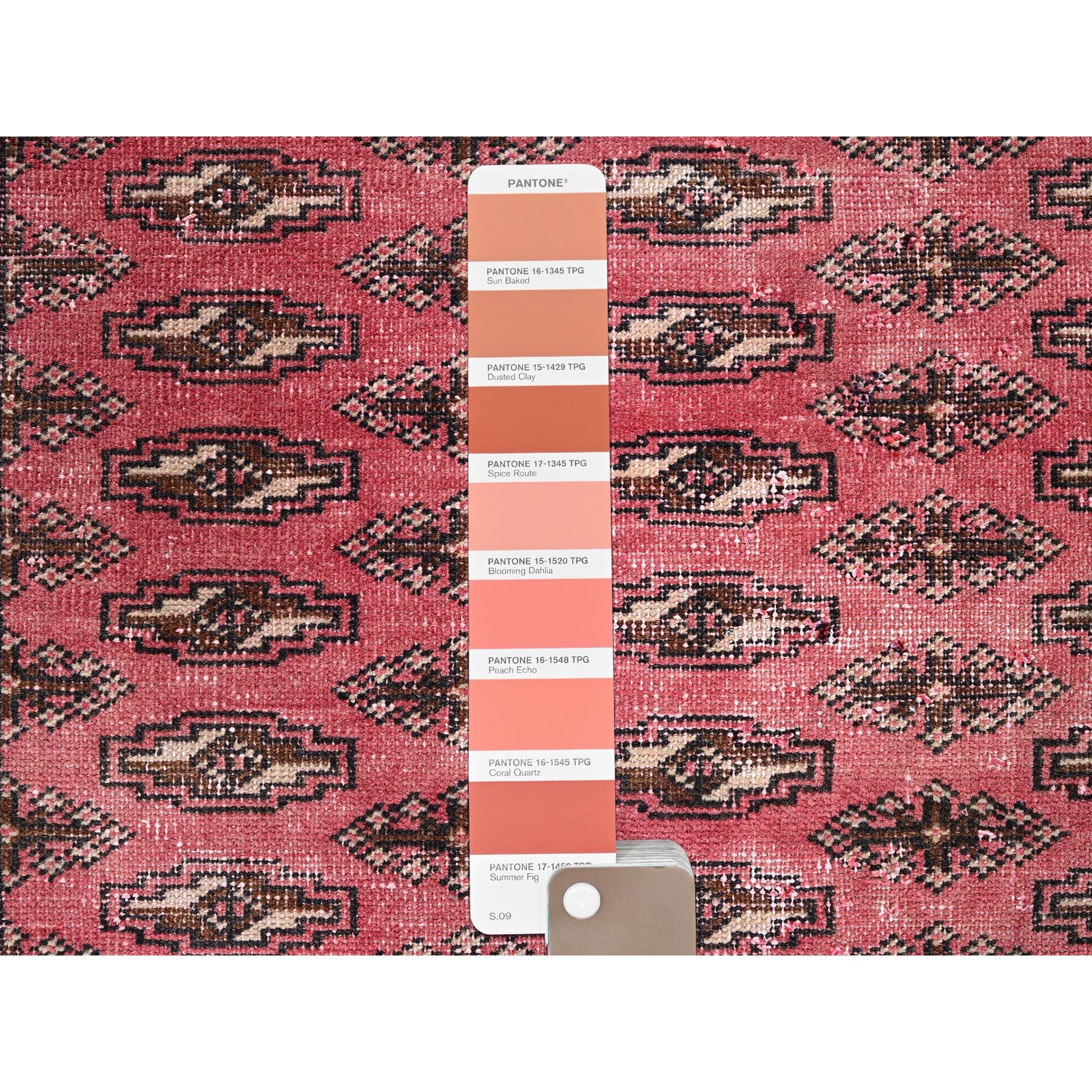 6'4"x9'3" Blush Red, Overdyed Vintage Turkoman with Intricate Repetitive Gul Motif Pattern, Worn Down, Sheared Low, Zero Pile, Sides and Ends Professionally Secured, Hand Knotted, 100% Wool, Oriental Rug Sh1011