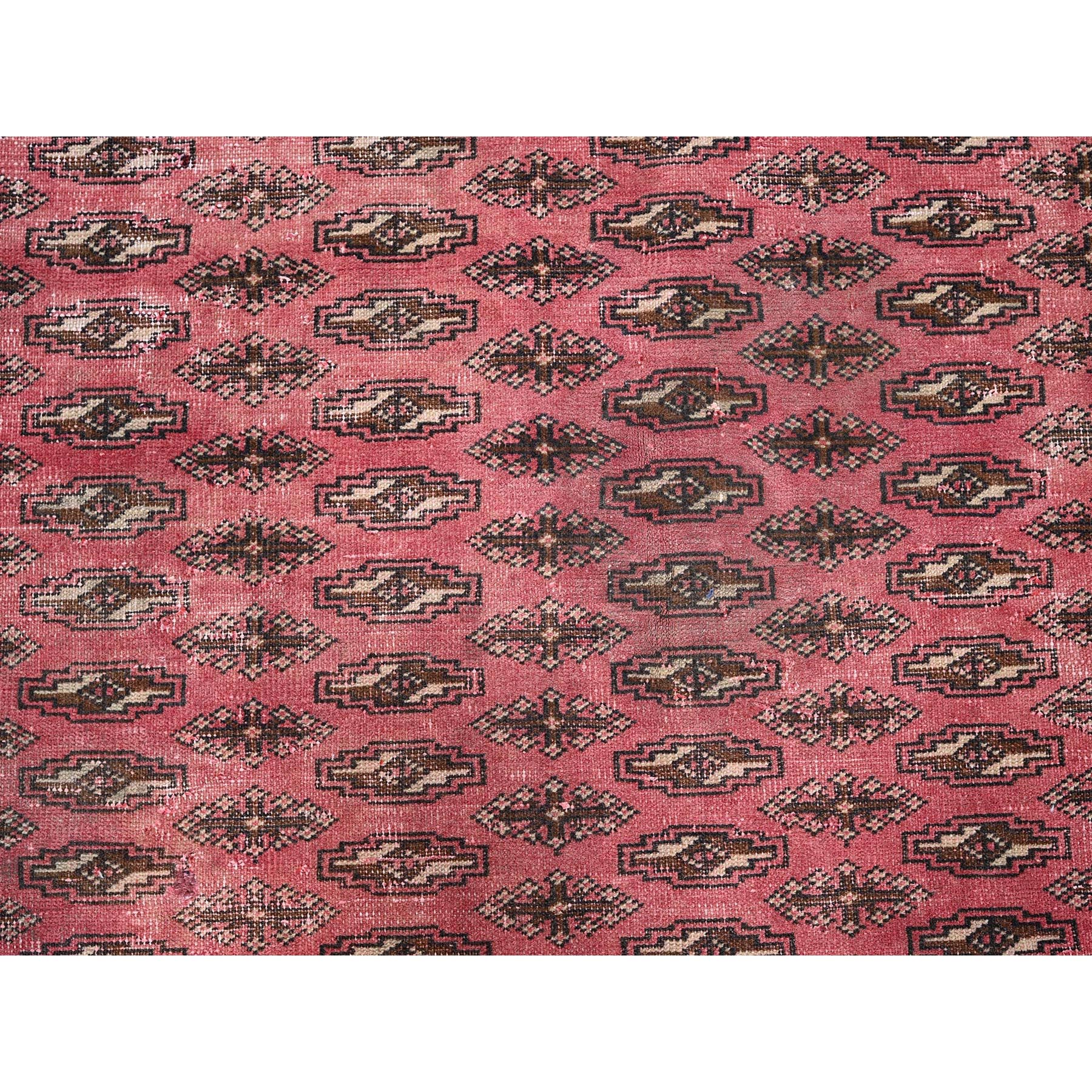 6'4"x9'3" Blush Red, Overdyed Vintage Turkoman with Intricate Repetitive Gul Motif Pattern, Worn Down, Sheared Low, Zero Pile, Sides and Ends Professionally Secured, Hand Knotted, 100% Wool, Oriental Rug Sh1011