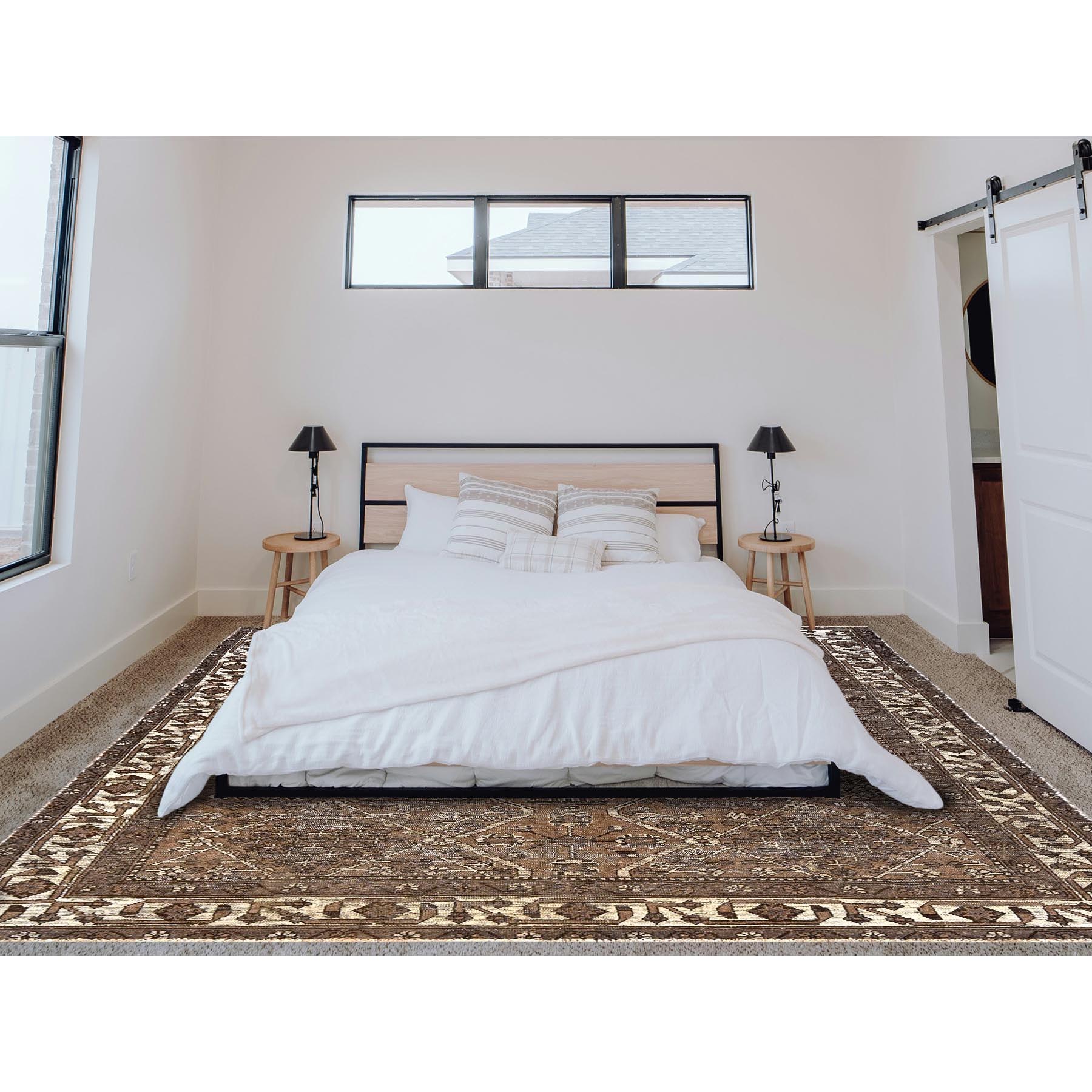 7'7"x9'6" Coffee Brown, Vintage Persian Bakhtiar with Geometric Pattern, Hand Knotted, Original Natural Undyed Wool, Sheared Low, Zero Pile, Sides and Ends Professionally Secured, Oriental Rug Sh1012