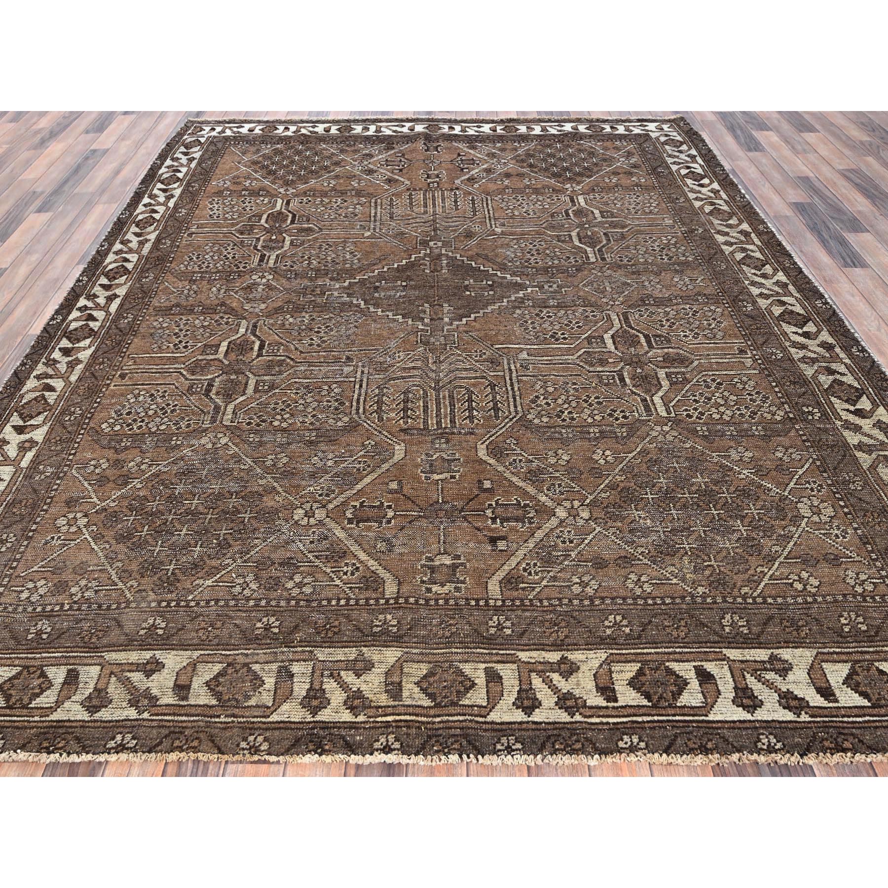 7'7"x9'6" Coffee Brown, Vintage Persian Bakhtiar with Geometric Pattern, Hand Knotted, Original Natural Undyed Wool, Sheared Low, Zero Pile, Sides and Ends Professionally Secured, Oriental Rug Sh1012