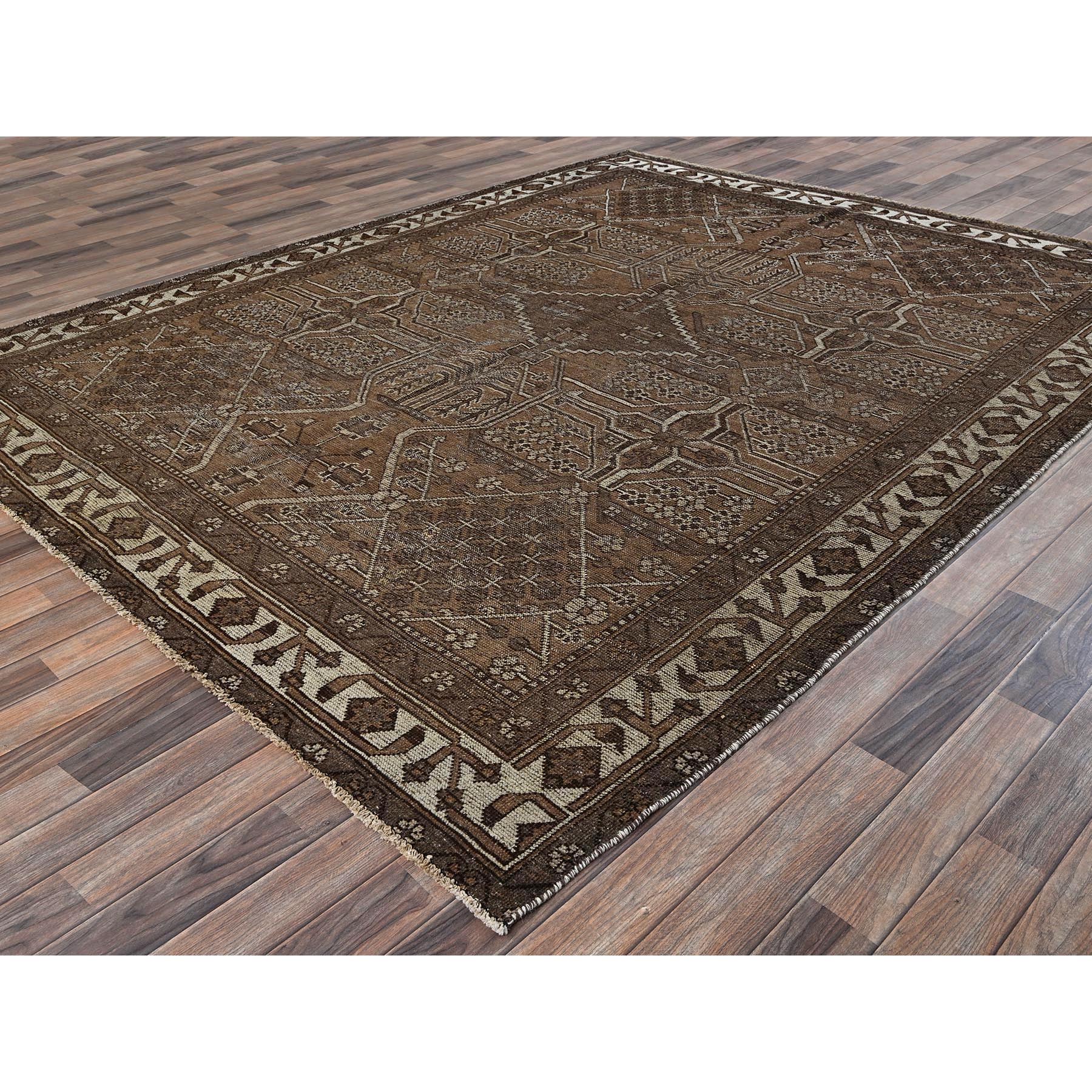 7'7"x9'6" Coffee Brown, Vintage Persian Bakhtiar with Geometric Pattern, Hand Knotted, Original Natural Undyed Wool, Sheared Low, Zero Pile, Sides and Ends Professionally Secured, Oriental Rug Sh1012