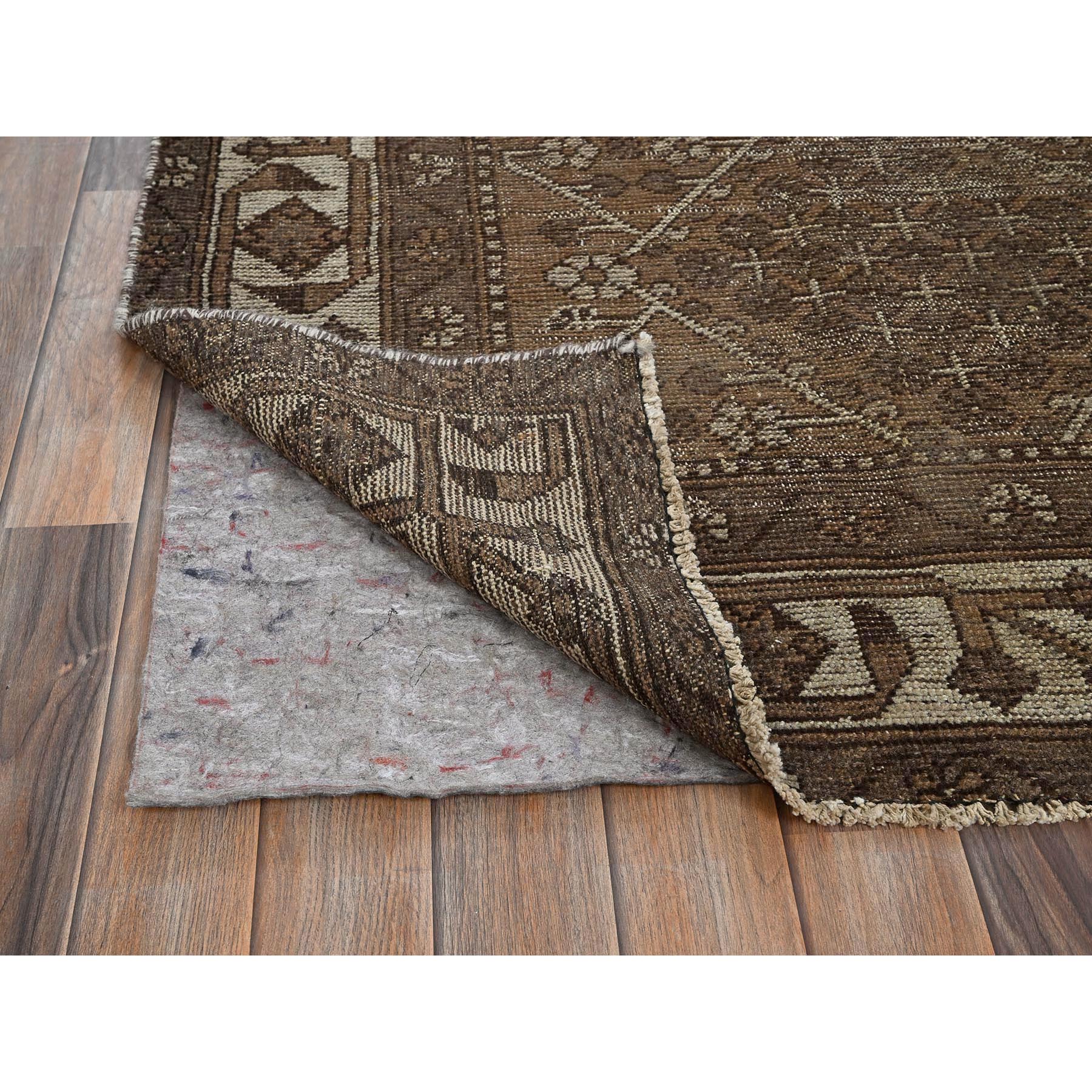 7'7"x9'6" Coffee Brown, Vintage Persian Bakhtiar with Geometric Pattern, Hand Knotted, Original Natural Undyed Wool, Sheared Low, Zero Pile, Sides and Ends Professionally Secured, Oriental Rug Sh1012