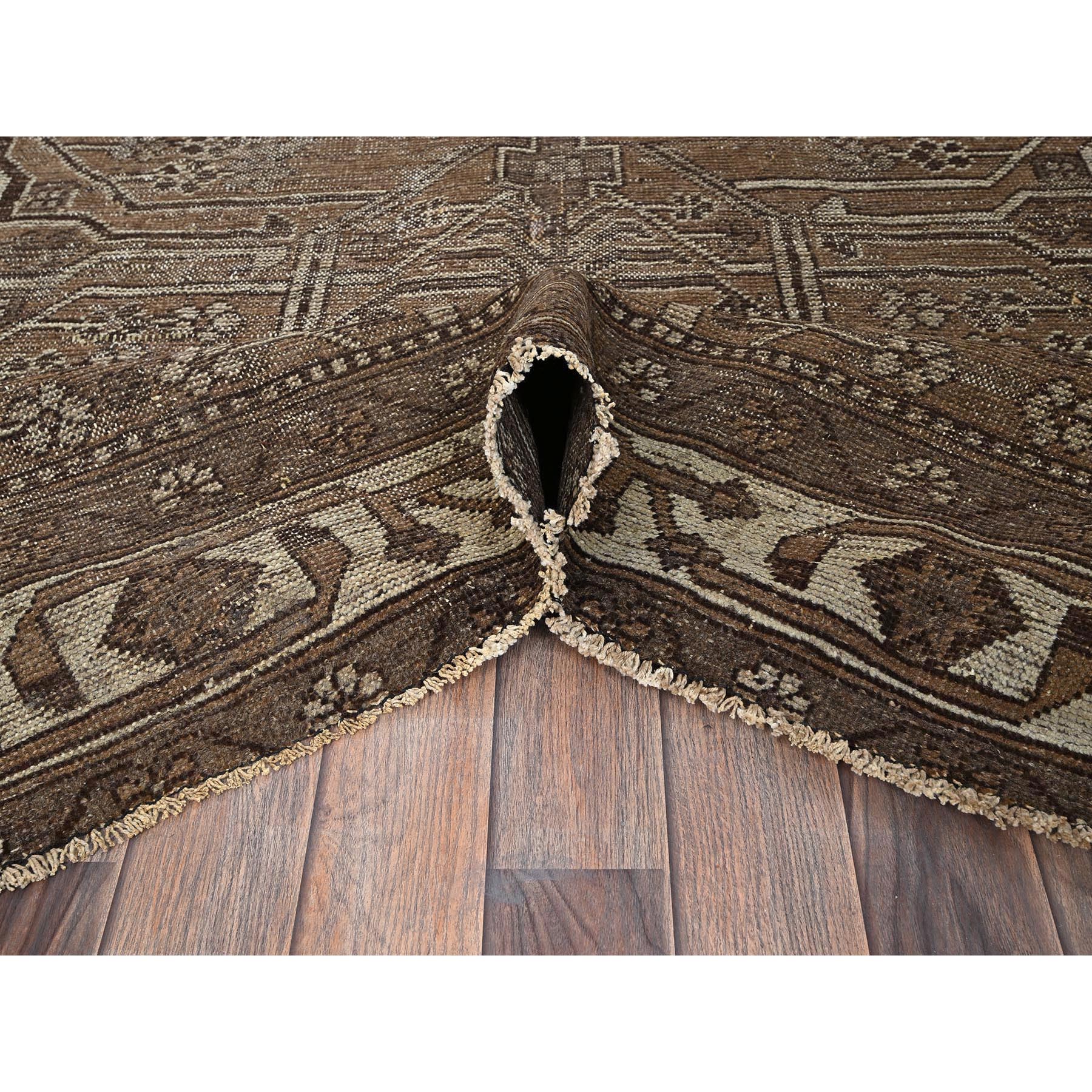 7'7"x9'6" Coffee Brown, Vintage Persian Bakhtiar with Geometric Pattern, Hand Knotted, Original Natural Undyed Wool, Sheared Low, Zero Pile, Sides and Ends Professionally Secured, Oriental Rug Sh1012