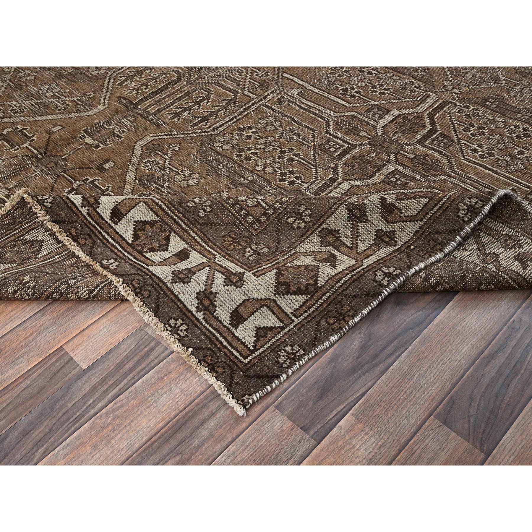 7'7"x9'6" Coffee Brown, Vintage Persian Bakhtiar with Geometric Pattern, Hand Knotted, Original Natural Undyed Wool, Sheared Low, Zero Pile, Sides and Ends Professionally Secured, Oriental Rug Sh1012