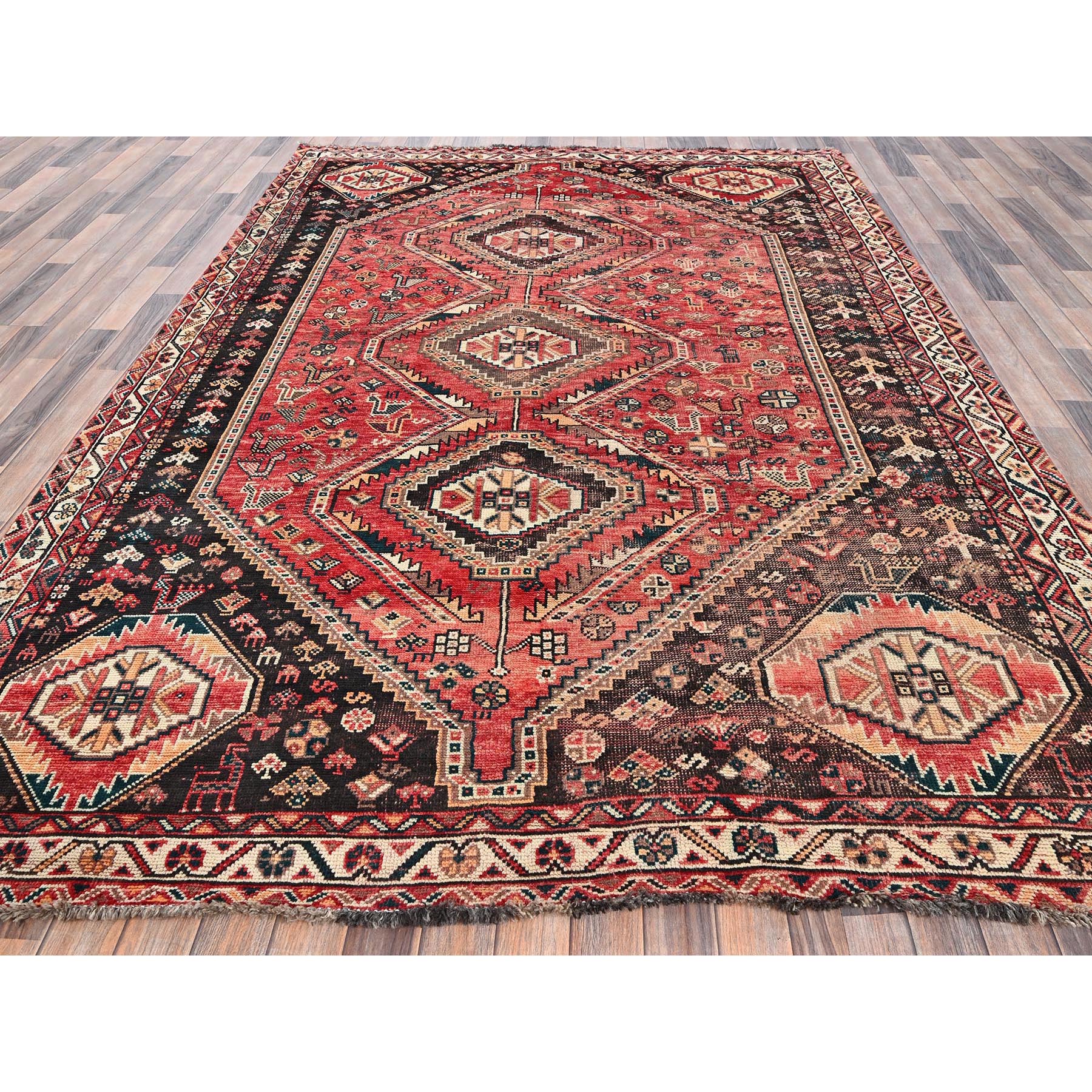 7'1"x9'9" Imperial Red, Vintage Persian Shiraz with Geometric Medallions, Small Bird Figurines, Worn Down, Sheared Low, Zero Pile, Sides and Ends Professionally Secured, Hand Knotted, 100% Wool, Oriental Rug Sh1013