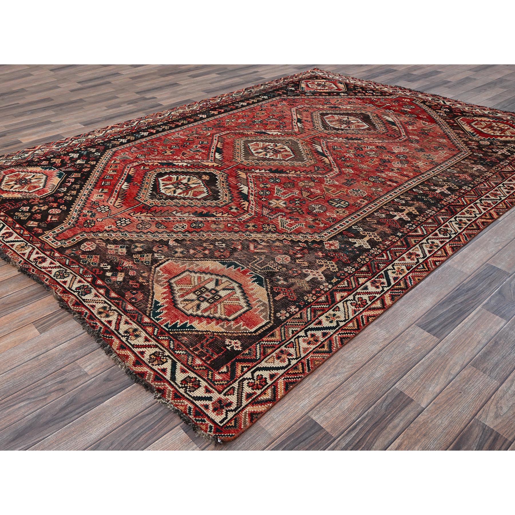 7'1"x9'9" Imperial Red, Vintage Persian Shiraz with Geometric Medallions, Small Bird Figurines, Worn Down, Sheared Low, Zero Pile, Sides and Ends Professionally Secured, Hand Knotted, 100% Wool, Oriental Rug Sh1013