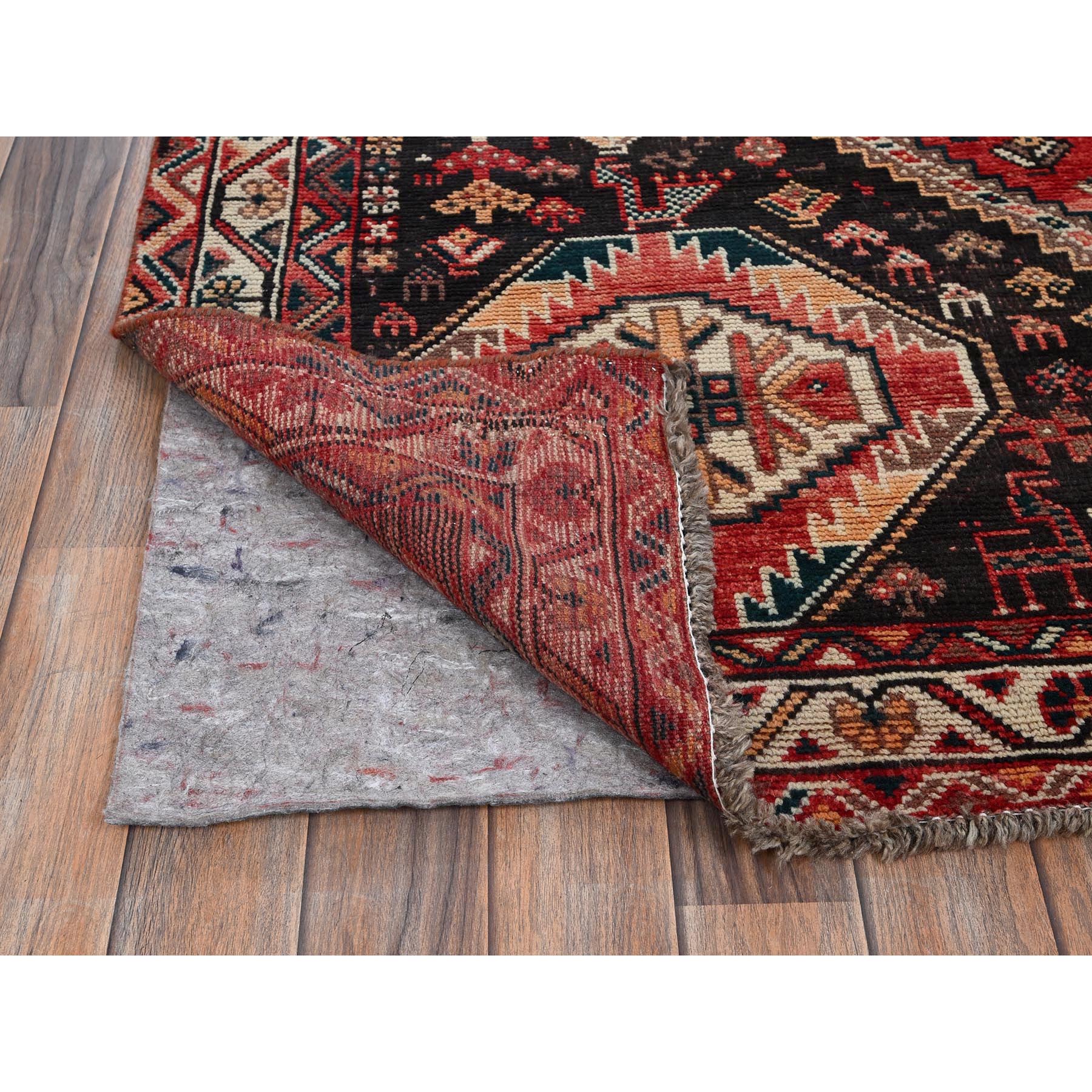 7'1"x9'9" Imperial Red, Vintage Persian Shiraz with Geometric Medallions, Small Bird Figurines, Worn Down, Sheared Low, Zero Pile, Sides and Ends Professionally Secured, Hand Knotted, 100% Wool, Oriental Rug Sh1013