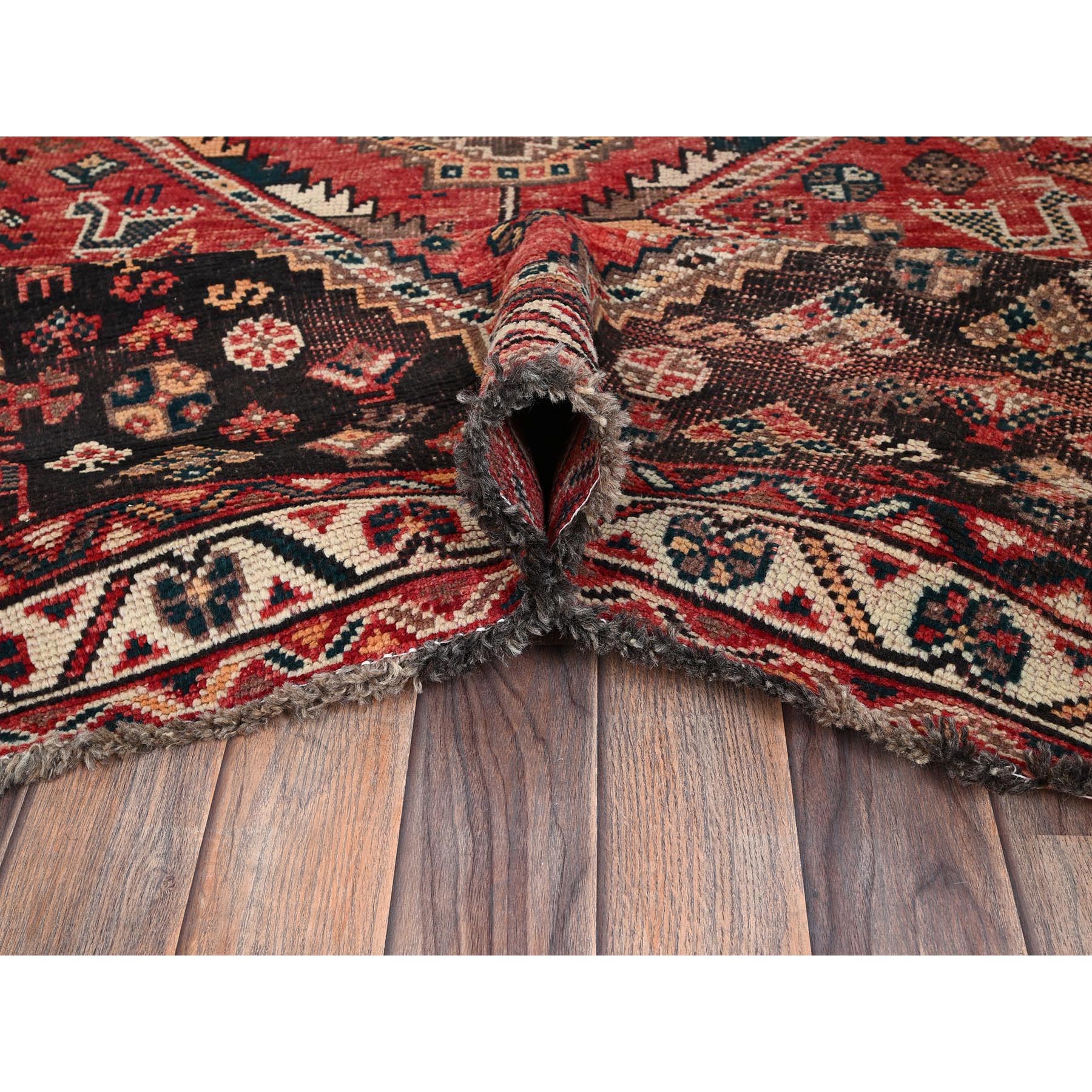 7'1"x9'9" Imperial Red, Vintage Persian Shiraz with Geometric Medallions, Small Bird Figurines, Worn Down, Sheared Low, Zero Pile, Sides and Ends Professionally Secured, Hand Knotted, 100% Wool, Oriental Rug Sh1013