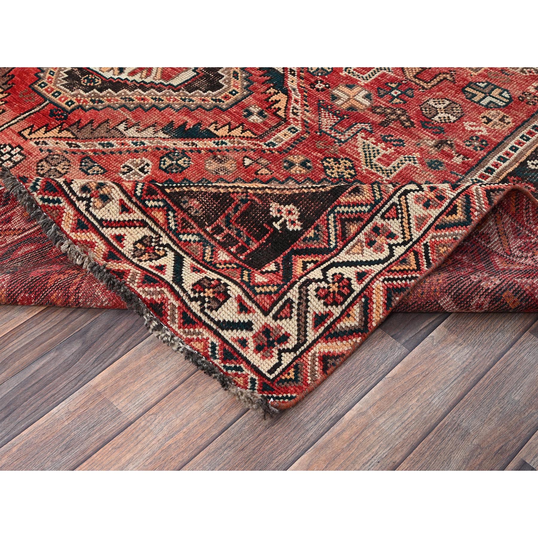 7'1"x9'9" Imperial Red, Vintage Persian Shiraz with Geometric Medallions, Small Bird Figurines, Worn Down, Sheared Low, Zero Pile, Sides and Ends Professionally Secured, Hand Knotted, 100% Wool, Oriental Rug Sh1013
