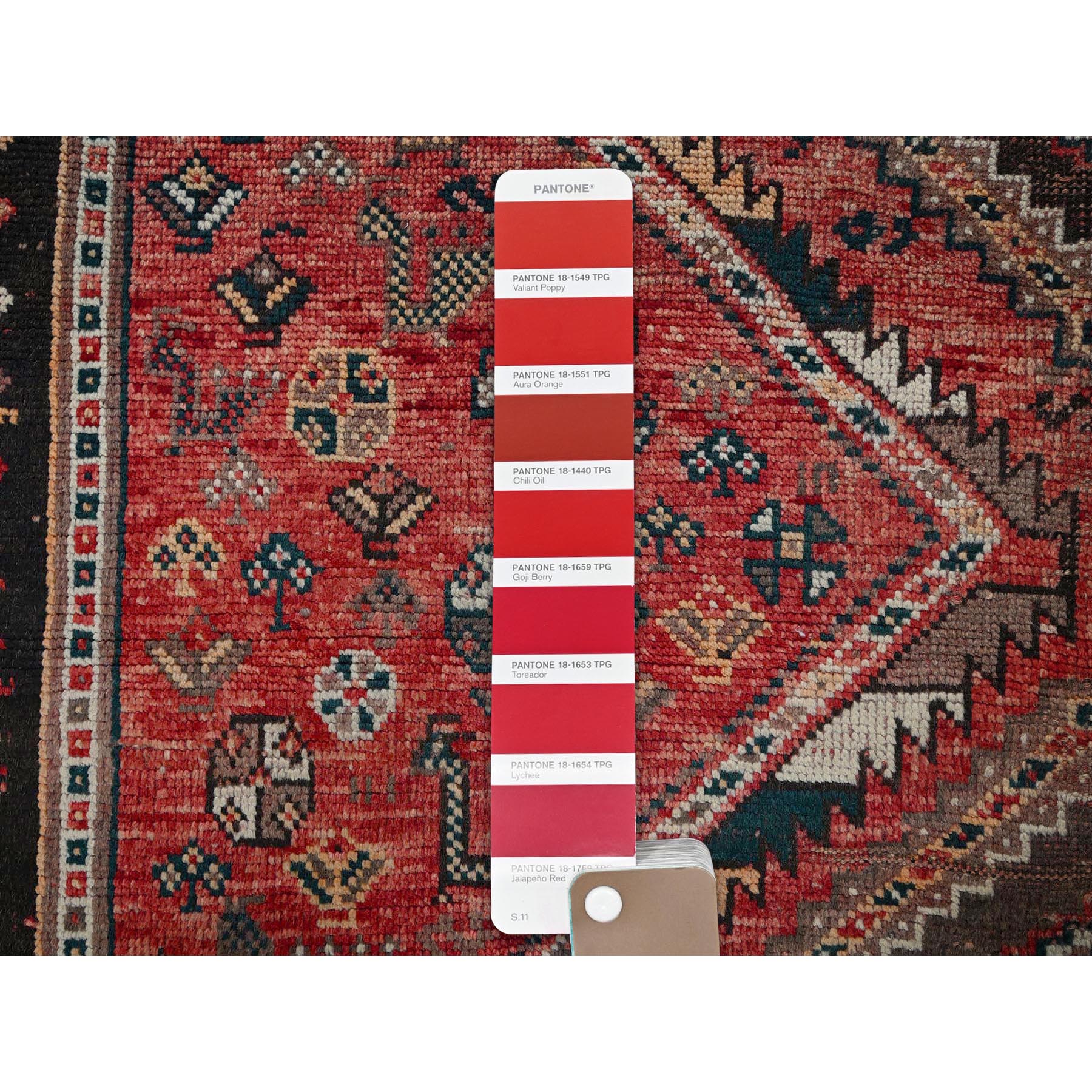 7'1"x9'9" Imperial Red, Vintage Persian Shiraz with Geometric Medallions, Small Bird Figurines, Worn Down, Sheared Low, Zero Pile, Sides and Ends Professionally Secured, Hand Knotted, 100% Wool, Oriental Rug Sh1013