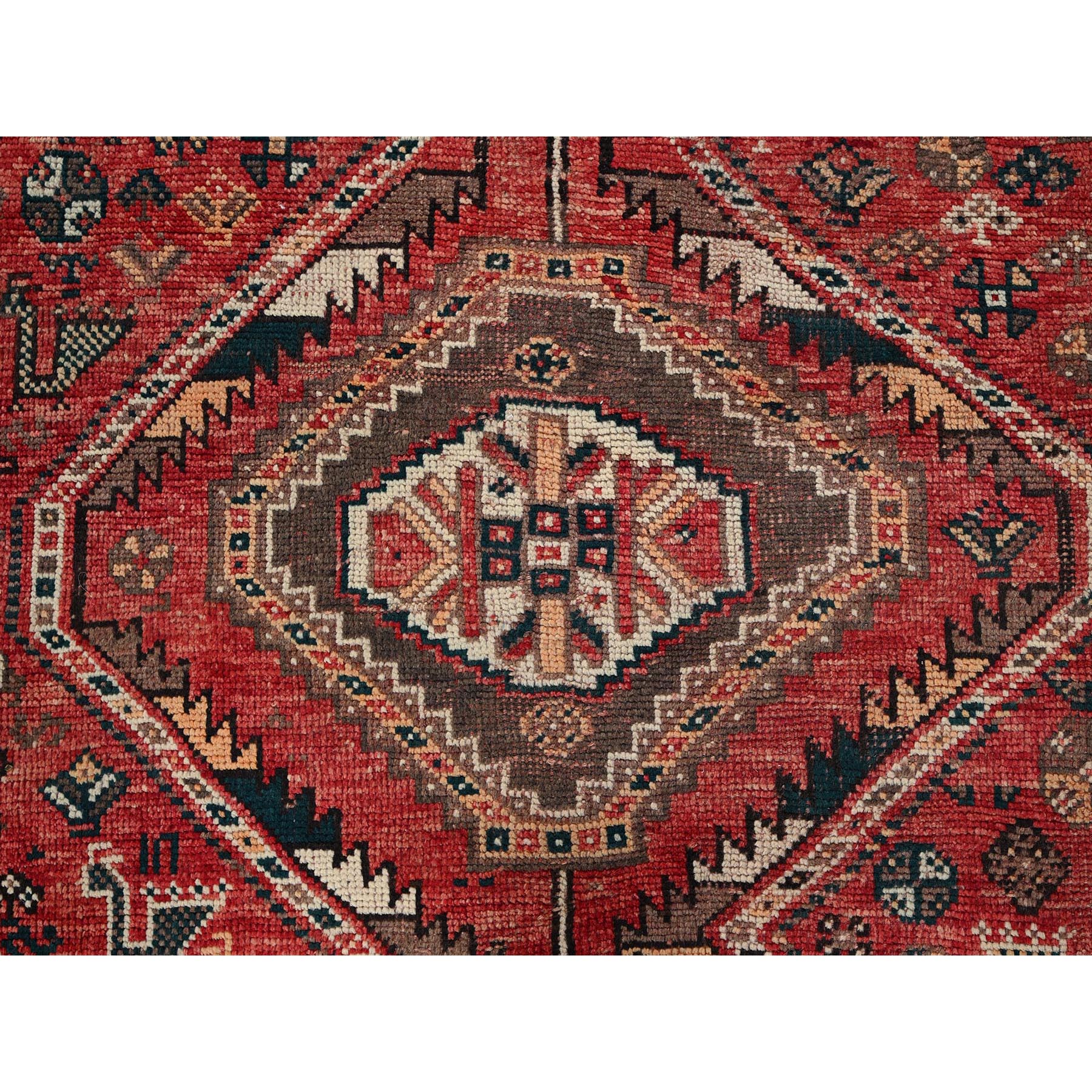 7'1"x9'9" Imperial Red, Vintage Persian Shiraz with Geometric Medallions, Small Bird Figurines, Worn Down, Sheared Low, Zero Pile, Sides and Ends Professionally Secured, Hand Knotted, 100% Wool, Oriental Rug Sh1013