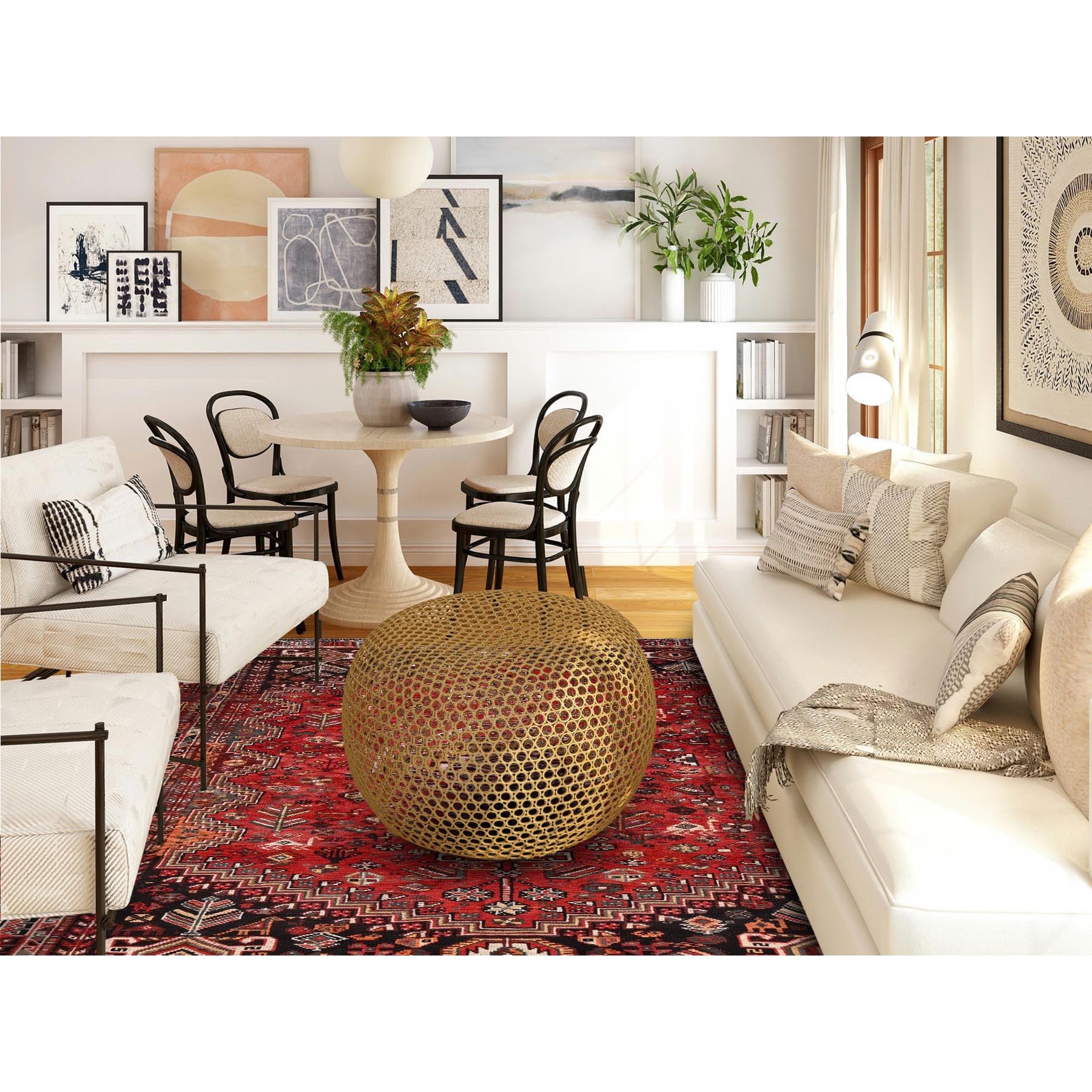 7'x9'10" Scarlet Red, Vintage Persian Shiraz with Geometric Medallion, Small Animal Figurines, Worn and Distressed, Shaved Low, Zero Pile, Sides and Ends Professionally Secured, Hand Knotted, 100% Wool, Oriental Rug Sh1014