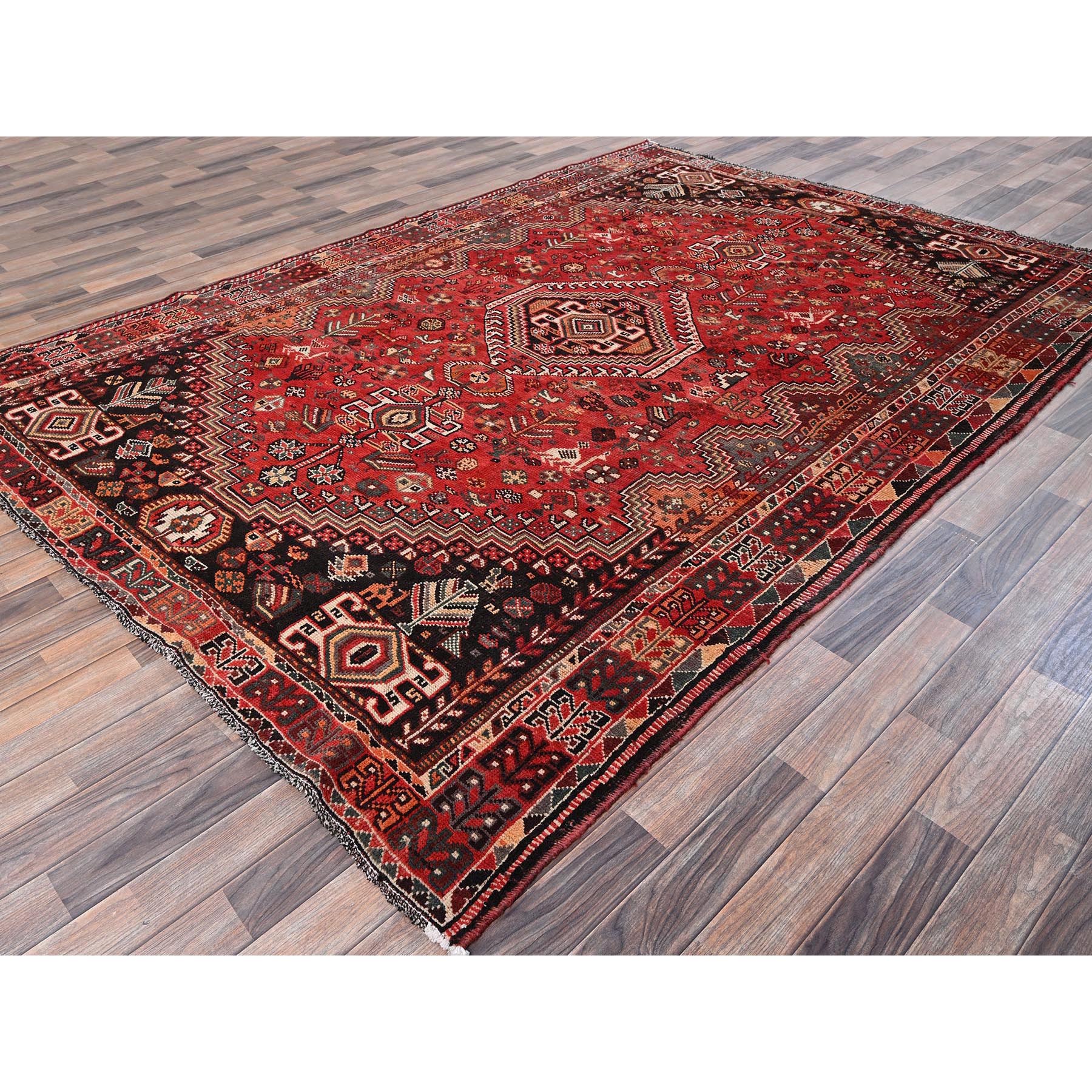 7'x9'10" Scarlet Red, Vintage Persian Shiraz with Geometric Medallion, Small Animal Figurines, Worn and Distressed, Shaved Low, Zero Pile, Sides and Ends Professionally Secured, Hand Knotted, 100% Wool, Oriental Rug Sh1014