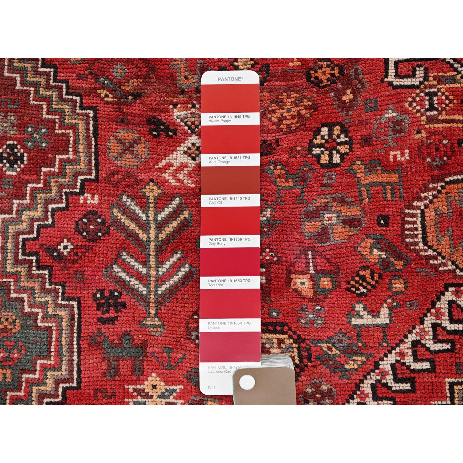 7'x9'10" Scarlet Red, Vintage Persian Shiraz with Geometric Medallion, Small Animal Figurines, Worn and Distressed, Shaved Low, Zero Pile, Sides and Ends Professionally Secured, Hand Knotted, 100% Wool, Oriental Rug Sh1014